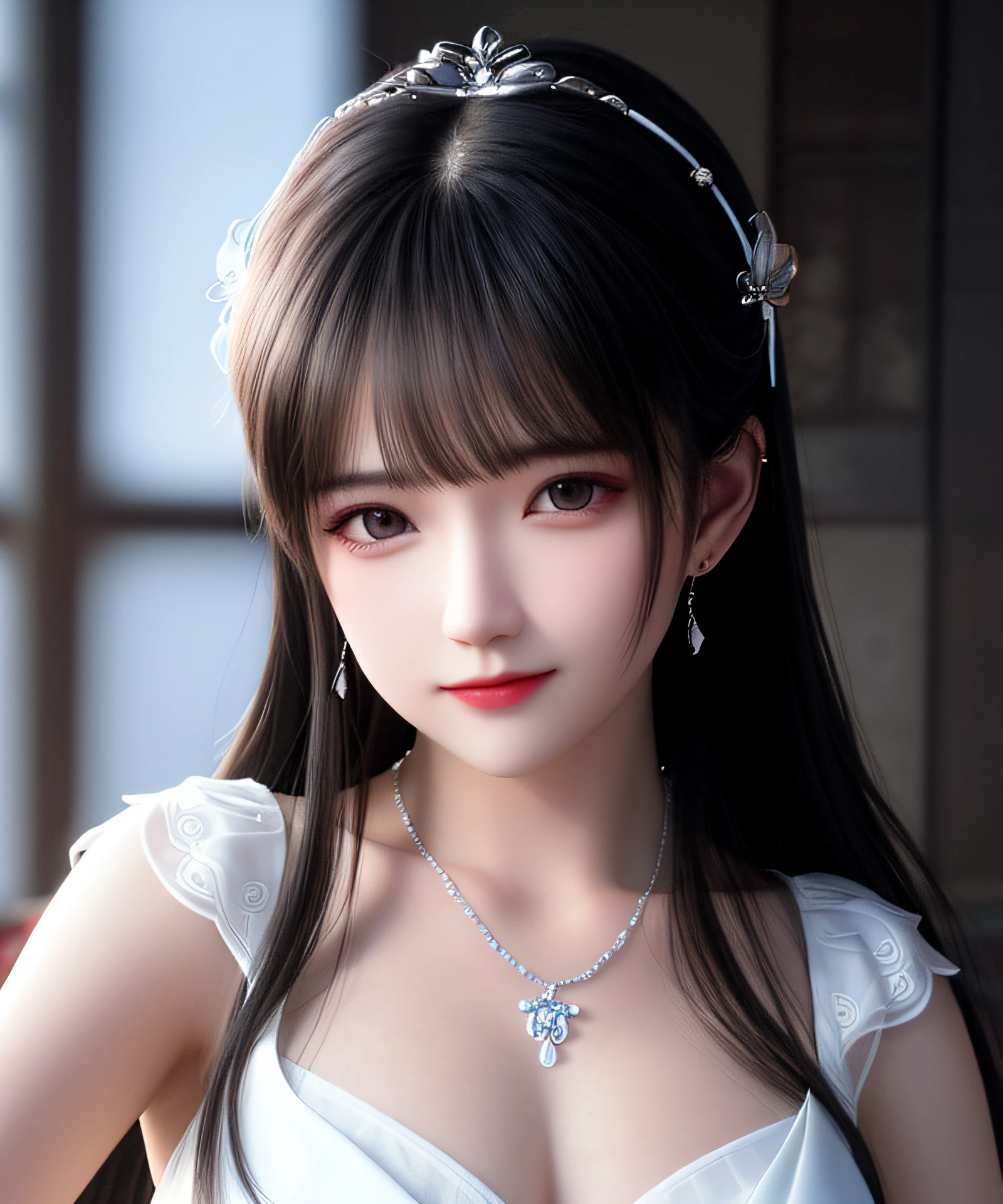 Best quality, masterpiece, high resolution, 1girl, porcelain dress, hair accessories, necklace, jewelry, beautiful face, on the body, Tyndall effect, realistic, dark studio, edge lighting, two-tone lighting, (high detail skin: 1.2), 8k UHD, dslr, soft light, high quality, volumetric light, candid, photo, high resolution, 4k, 8k, background blur,