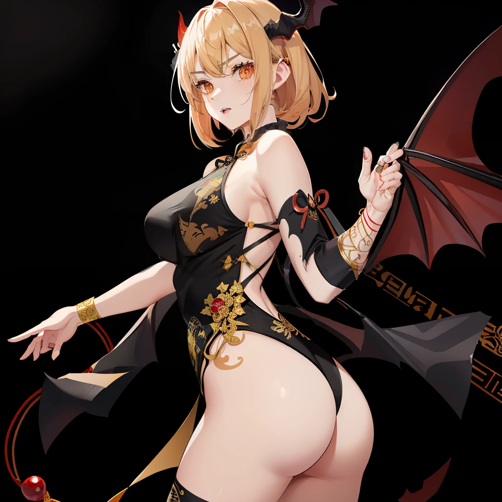 (Golden ratio:1.2),[(Black background:1.4)::10],(Masterpiece), (Best quality), (Ultra detailed),(Disheveled hair),(illustration),1girll,Solo,full bodyesbian,Huge breasts,(underbust:1.3),big assa,peach ass,(China Cheongsam:1.3)+(Red cheongsam:1.3)+(/Gold wire embroidery on the cheongsam:1.4)/, the fire queen, Beautiful and elegant devil,(//devil horns(The horns are black bat wings:1.4)//),hyper HD, retinas, Anatomically correct, Textured skin, Super detail, Best quality, A high resolution,（Very detailed CG unity 8K wallpaper)