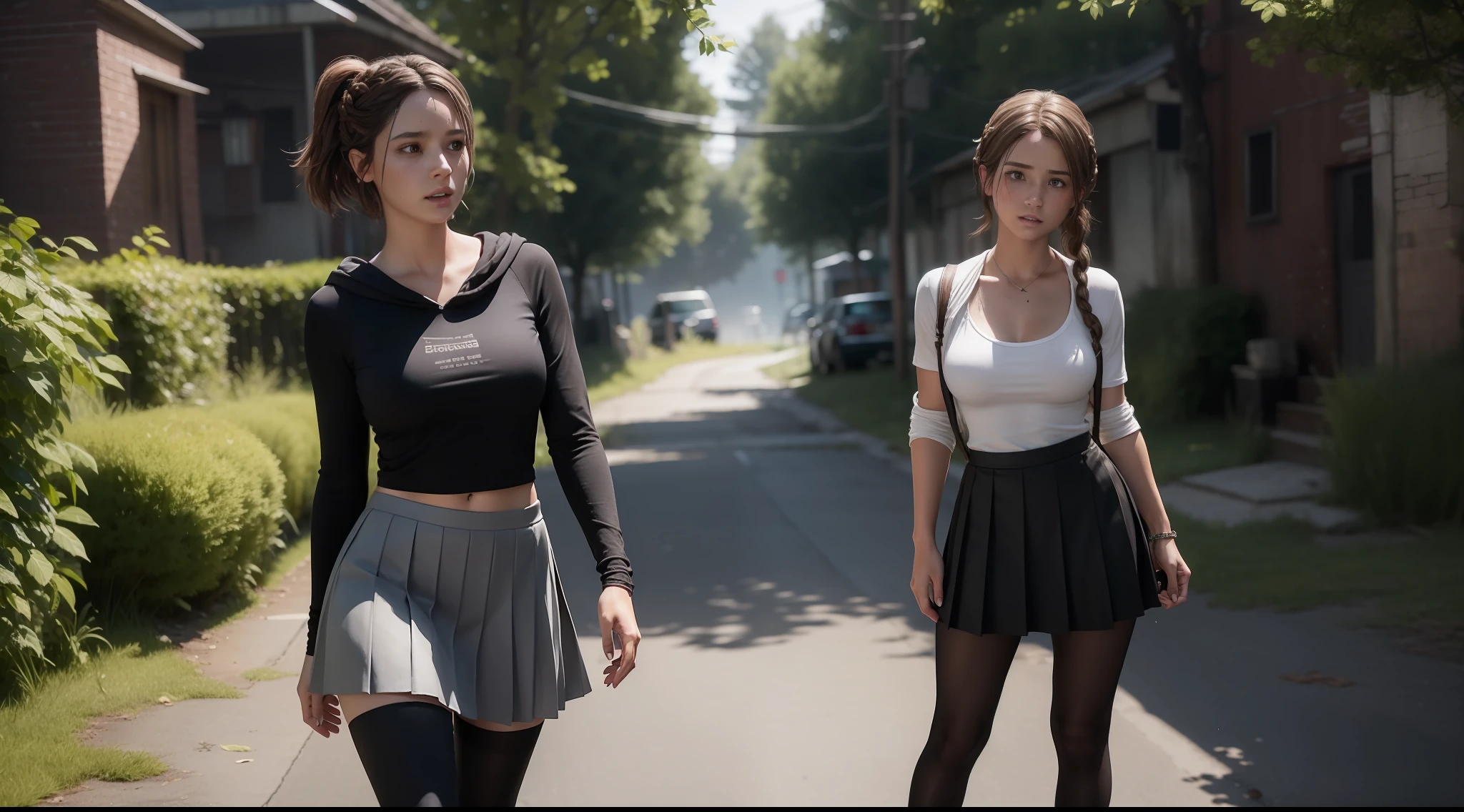Bela jovem Ellen em hood e pleated skirt, dark tights, high heels do jogo The Last of Us parte 1, Jogo, hiper realista, 14 anos, corpo de modelo, seios pequenos, beautiful breasts, cabelo longo, braided hair, pernas longas, 8k, detailed cenary