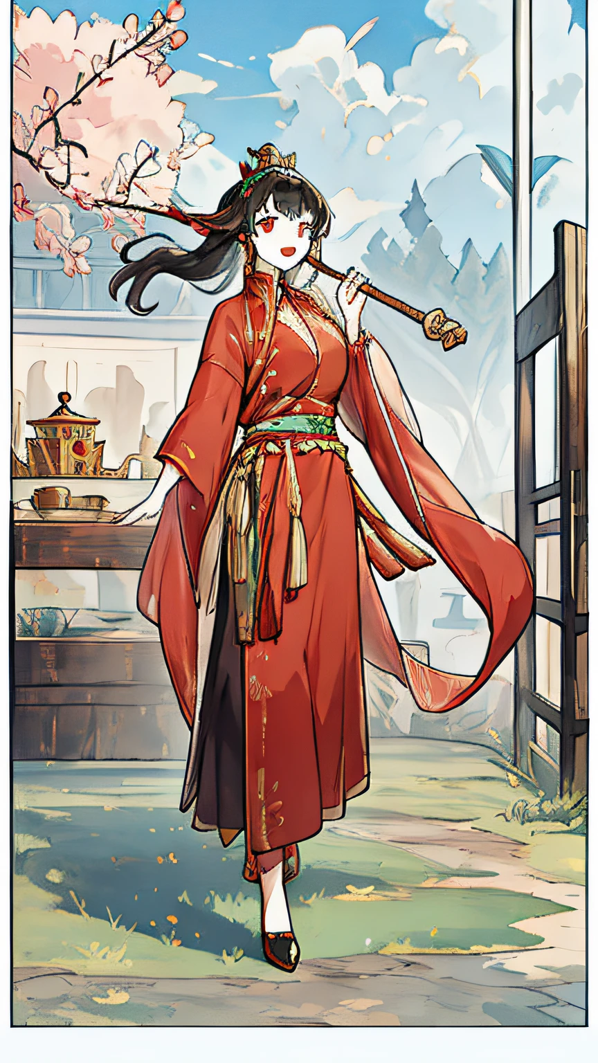Aunt in Red,Open-mouthed,In the palace,Black color hair,Take a long wooden stick
