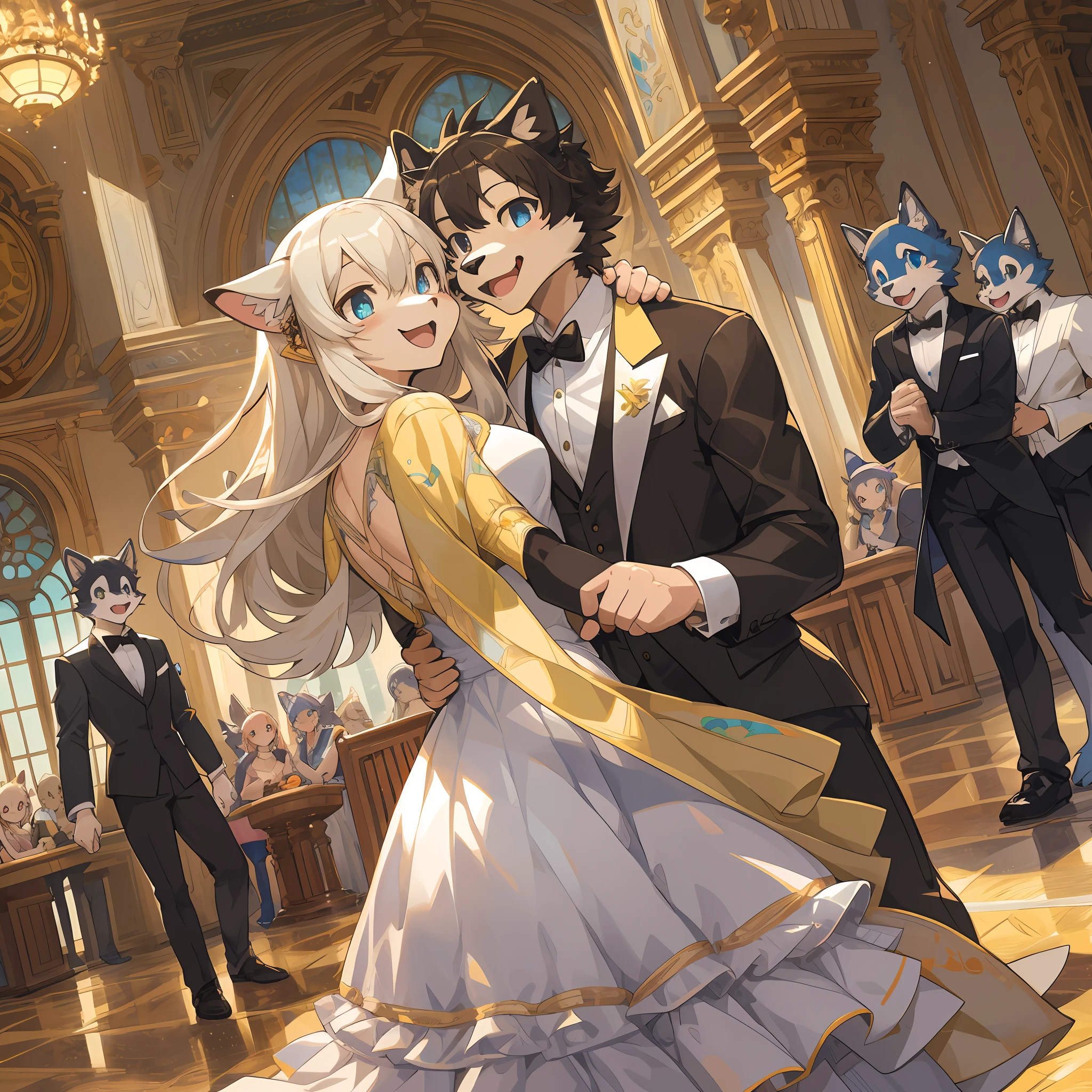 top quality, best quality, High-quality illustrations, masterpiece, super high resolution, detailed background, detailed background, Ballroom dancing, high society, group shot:0.5, 6+boys, 6+girls, Happy, joyful, absurdres(highly detailed beautiful face and eyes)perfect anatomy(kemono, furry anthro)selfie:0.1,