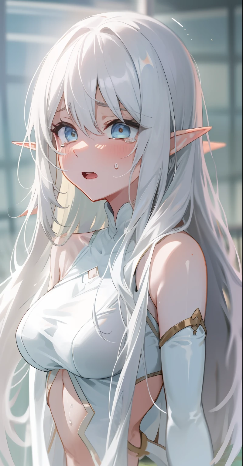 White-haired loli in tight white socks,Long flowing hair， Tights, Absolute realm， Sexy look, see - through, clear curvy details, Slender legs loom，White body，Hair is shiny，Delicate and shiny skin，Slender body，breast curtains，Naked chest，Upturned buttocks，Plump breasts，The body was soaked with sweat，Poor milk，Exposing the abdomen，The lower abdomen is firm，ears of elf，weeping，streaming tears，In the water