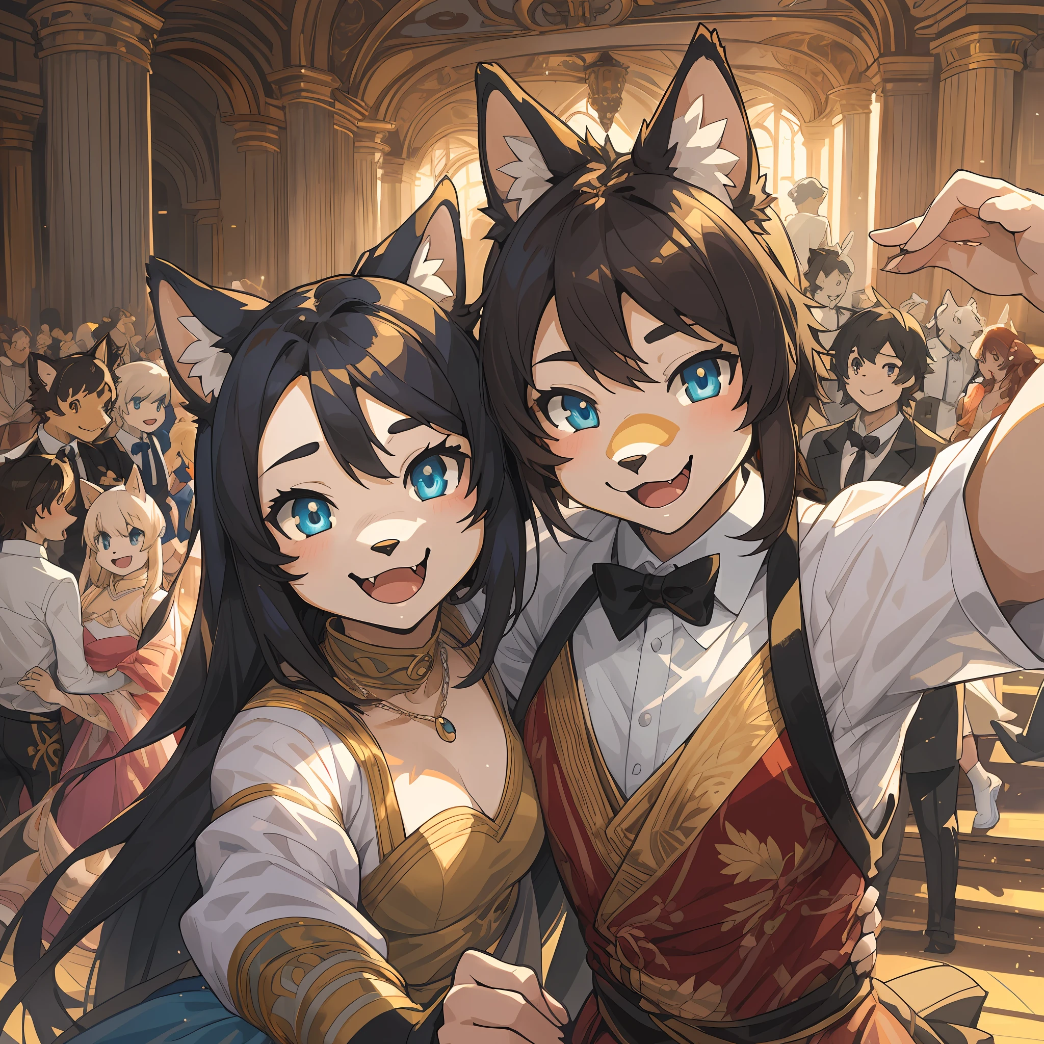 top quality, best quality, High-quality illustrations, masterpiece, super high resolution, detailed background, detailed background, Ballroom dancing, high society, group shot:0.5, 6+boys, 6+girls, Happy, joyful, absurdres(highly detailed beautiful face and eyes)perfect ???????(kemono, furry anthro)selfie:0.1,
