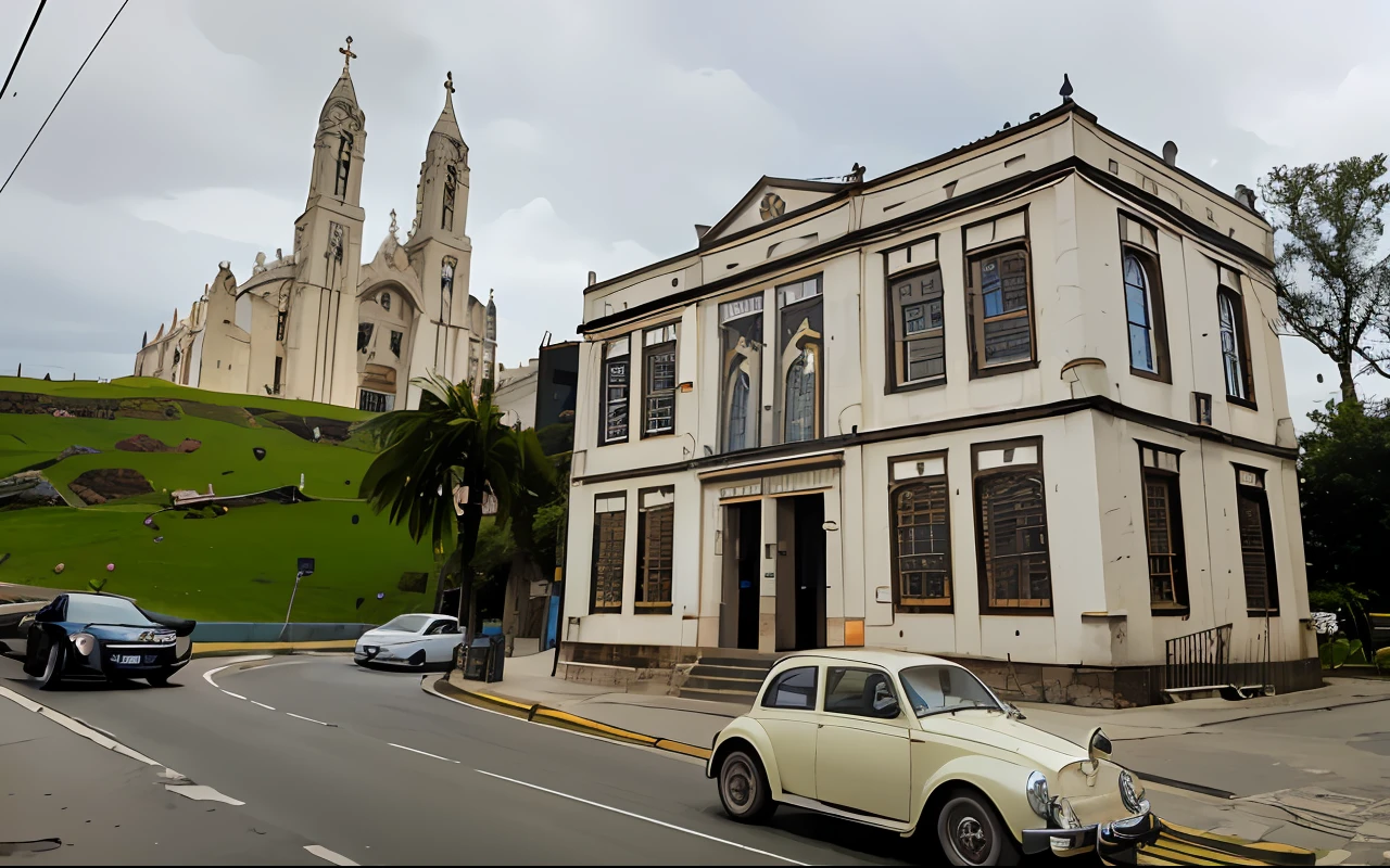 Arafed carro velho dirigindo por uma rua em frente a uma igreja, city of Armenia Quindio, Escola de Quito, Preserved history, historical setting, Directed by: CeFerí Olivé, in a city with a rich history, In Sao Paulo, Directed by: Nandor Soldier, imagem empilhada, muito ornamentado, catedral da igreja, Directed by: Felipe Seade, altamente ornamentado