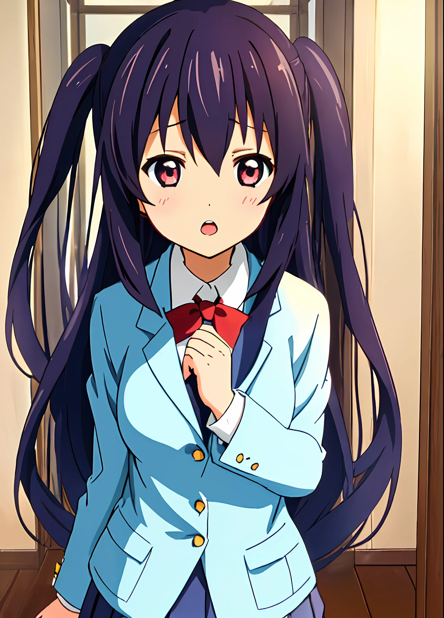 1girl, (((masterpiece))), top-quality, top-quality, High Details, nakano azusa, 1girl, Sakuragaoka High School Uniform, student clothes, Twin-tailed, length hair, A dark-haired, brown-eyed, 独奏, reddish, Dark blue blazer with thin red ribbon, Solid white buttoned shirt under blazer, illustratio, comic strip, soothing tones, Subdued Color, Soft cinematic light, adobe lightroom, photolab, HDR, intricately and hyper-detailed、(((depth of fields))))。(((masterpiece)))。(((top-quality))).)((ultra-detailliert)))。(((illustratio)))。(((takeout))).dynamic focus.big breasts.(((Skyscrapers))).(((A city scape))).(((Face of sadness))). open mouth.(((fighting stance))).(((up chest))).((evening glow)).((the setting sun)).