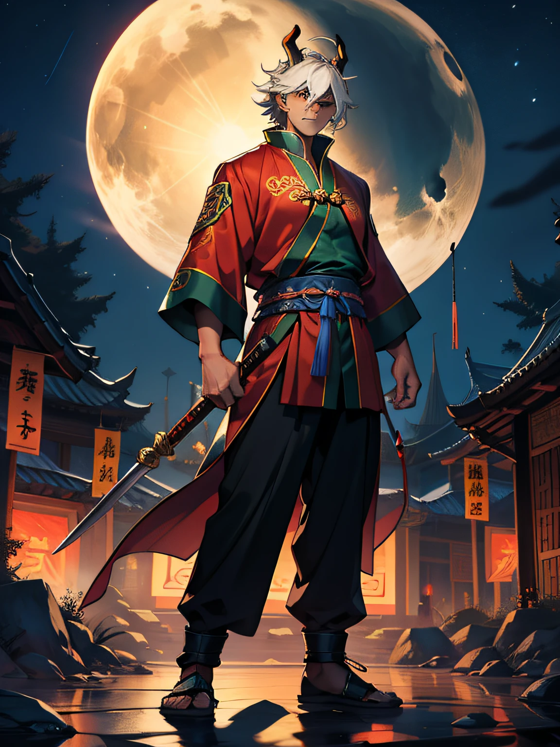 of a guy，Taoist costumes，Weapon in hand，Night scene，standing on your feet，