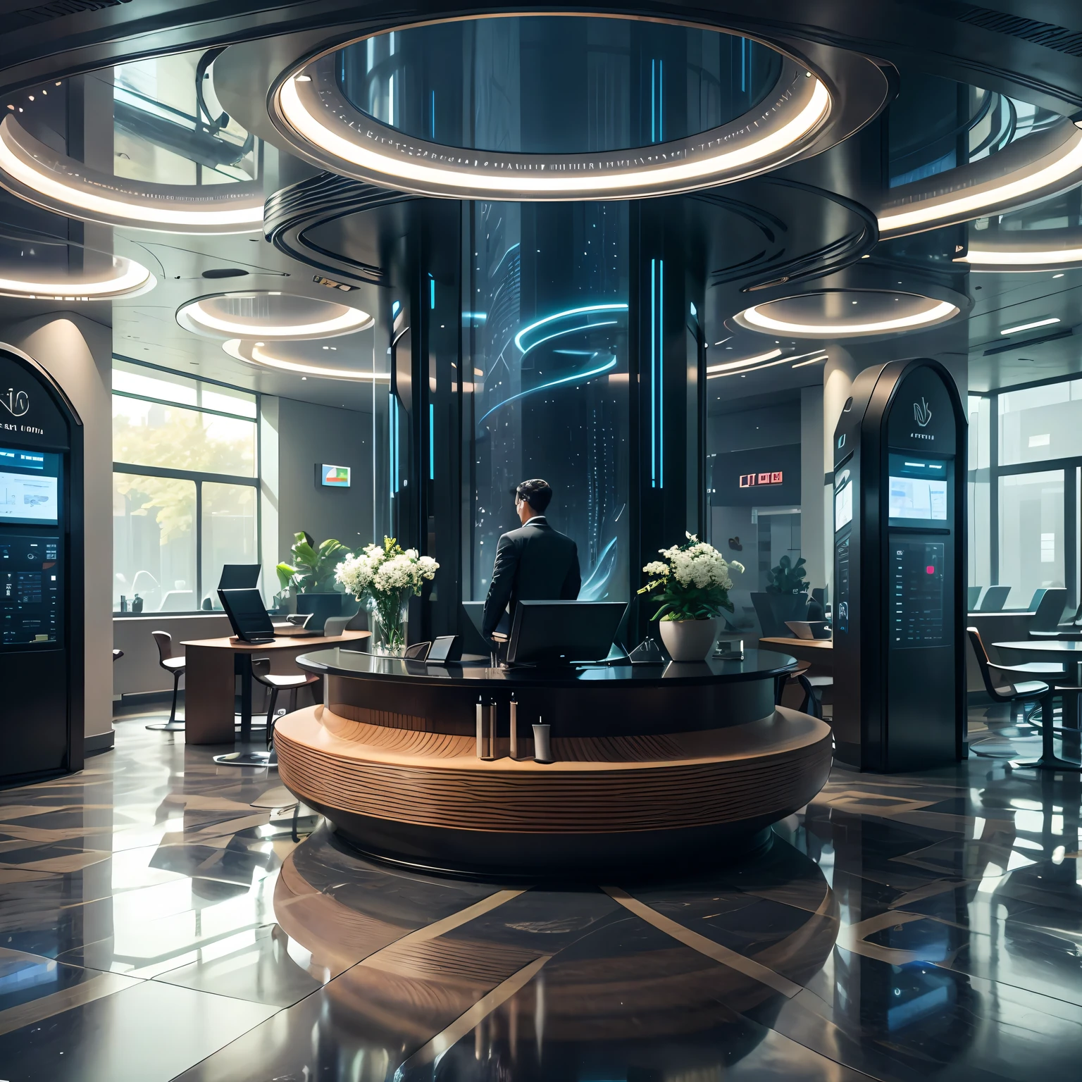 Futuristic bank lobby，There is a large table in the center of the image，There are three smart machines on the table that handle business，Next to it stands an AI digital human，The part below the waist of the presented modern 8K best quality realistic masterpiece is hidden