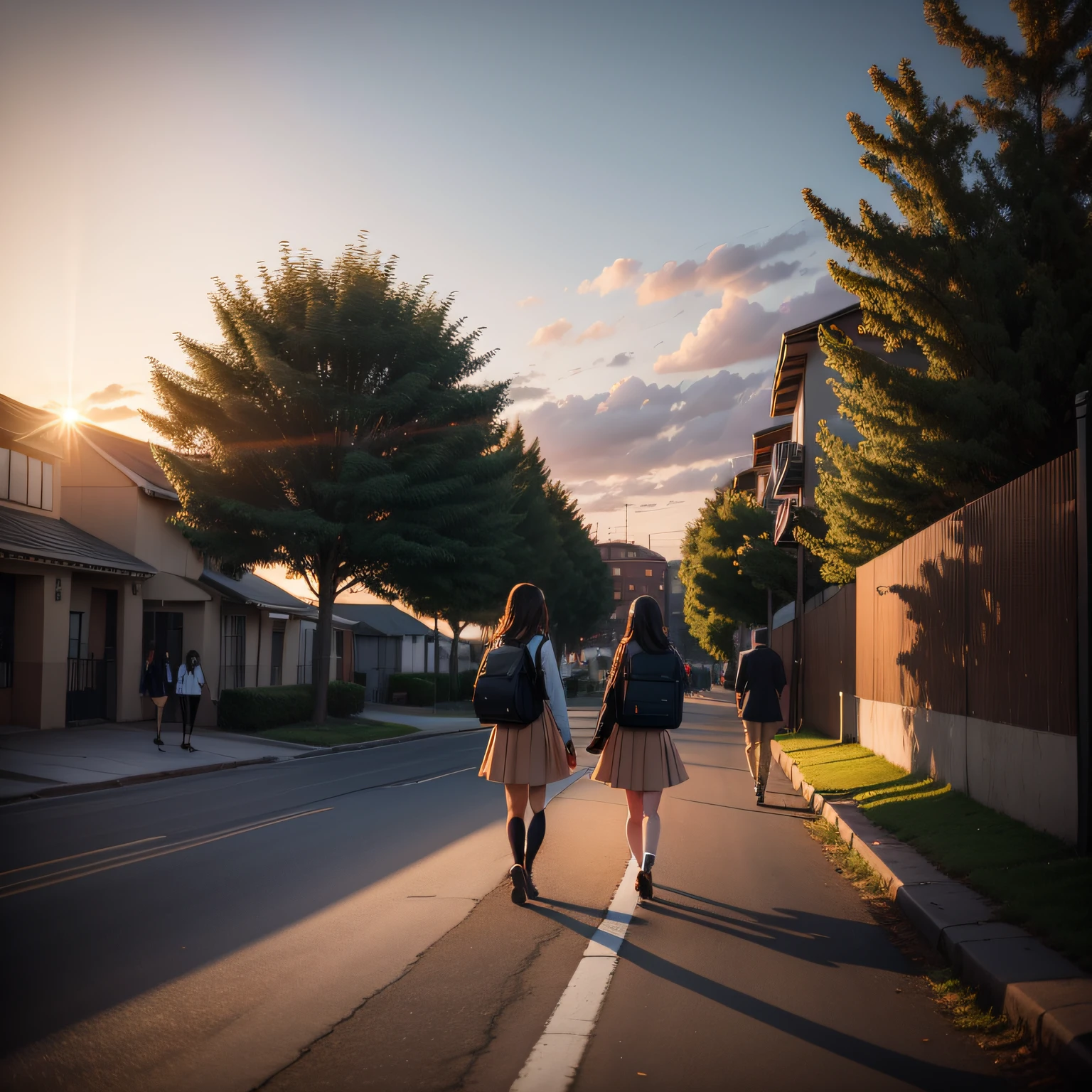 Sunset On the street lined with trees on both sides Female classmates walking behind male classmates