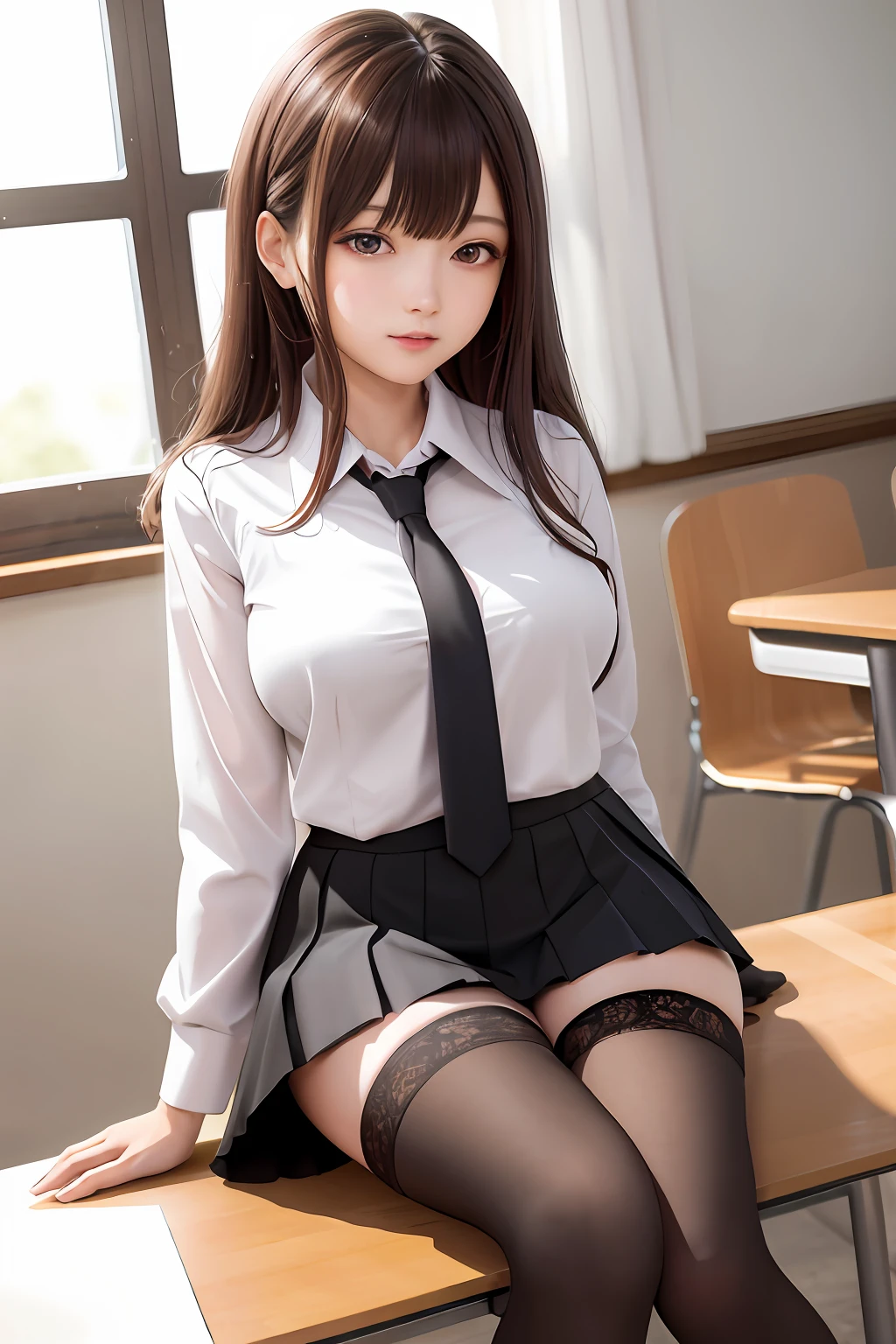 tmasterpiece，best qualtiy，ultra - detailed，illustratio，Colorful，Falt color，depth of fields，lens flare glow，1girl，anime big breast，sitted，brunette color hair，looking at viewert，schools，‎Classroom，Pleated miniskirt，校服，Get wet，nedium breasts，serafuku，black pantyhoses，Detailed skin texture，Fine cloth texture，Nice and delicate face，