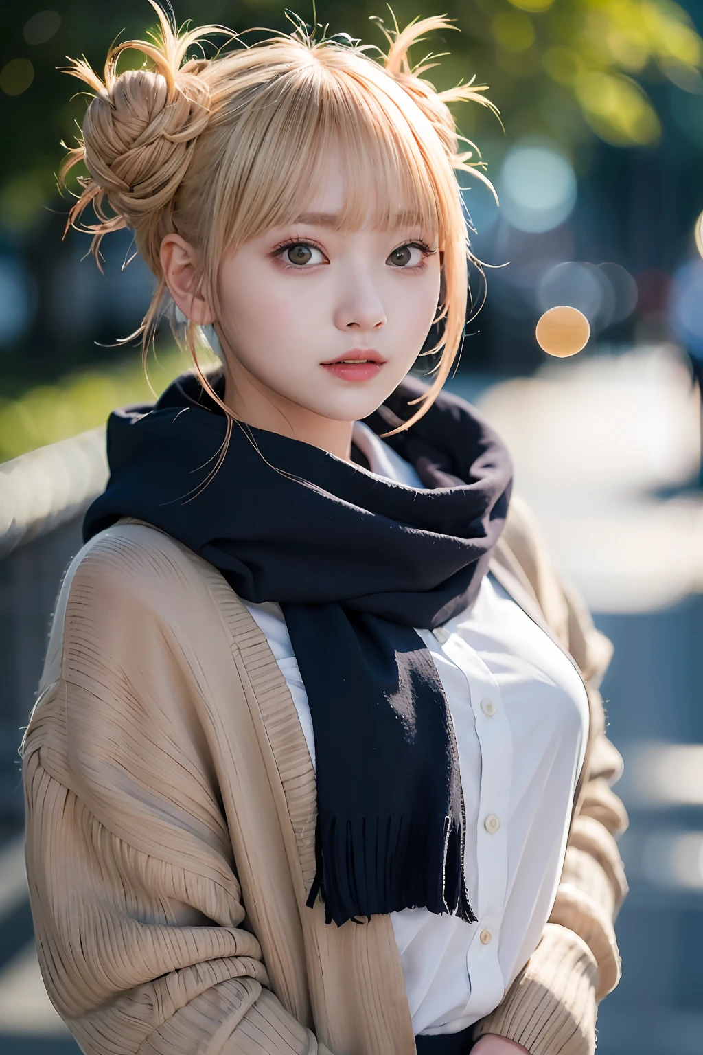 （（a blond、Himiko Toga、Dark blue uniform、Dark blue uniform skirt、Beige cardigan、red scarf、Dark eye shadow、Patsun、Twin-tailed、Bun head、tthin eyebrows、Black socks、Black loafers））、The FW、8K、Raw photography:1.2、（top-quality:1.4、hight resolution:1.4、​masterpiece:1.4）、Best Illustration、hyper realisitic:1.4、1girl in、realisitic、The ultra-detailliert、Photorealsitic:1.4、incredibly absurdness、ulzzang -6500-v1.1:0.33、Beautiful_mistake-6500:0.66、pureerosface_v1:0.5、a closeup、Floating hair、Soft light、Cinema Lights、Film grain、full body Esbian、depth of fields、blurry backround、bokeh dof:1.4、eyes focus、POV、85mmレンズ、F/1.4、professionally lit、lensflare、Luminous particles:0.6、Professional Writing、portlate:0.6、Photon mapping、Radio City、physically-based renderingt、Transparency、a japanese girl、sexual excitement:1.5、Lifelike face、Realistic body、real looking skin、huge-breasted:1.3、well-styled、camel's toe、light skinned:1.1、cute little:1.5