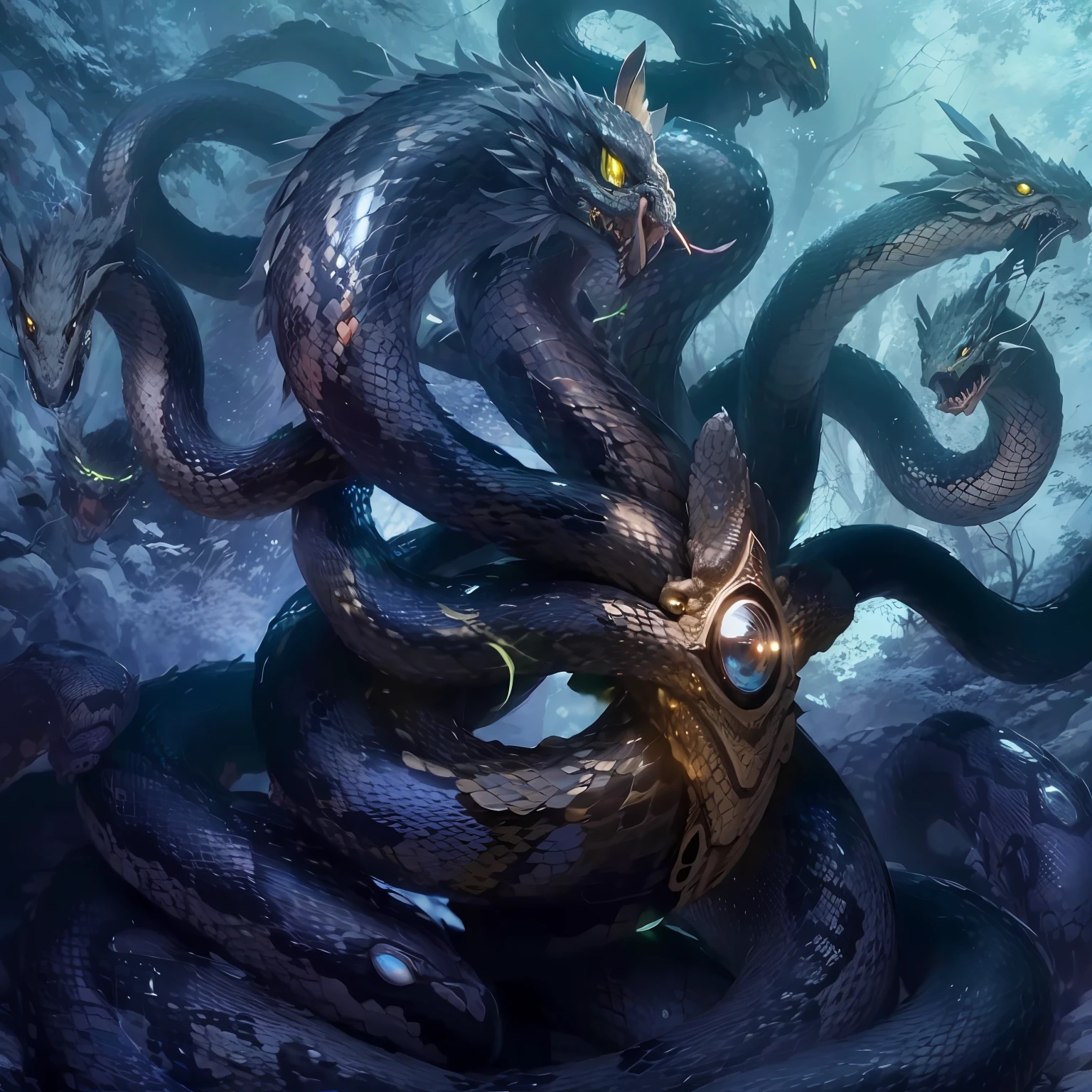 Soyanagi，Hydra，(((9 snake heads))),,(((Giant snake with 9 heads))),Lizard body，Scales all over the body，Open your mouth，best qualityer,tmasterpiece,超高分辨率,finely detailled,Complicated details,8K分辨率,8KUCG wallpaper,hdr,Cinematic lighting effects,lightand shade contrast，Ray traching、NVIDIA RTX