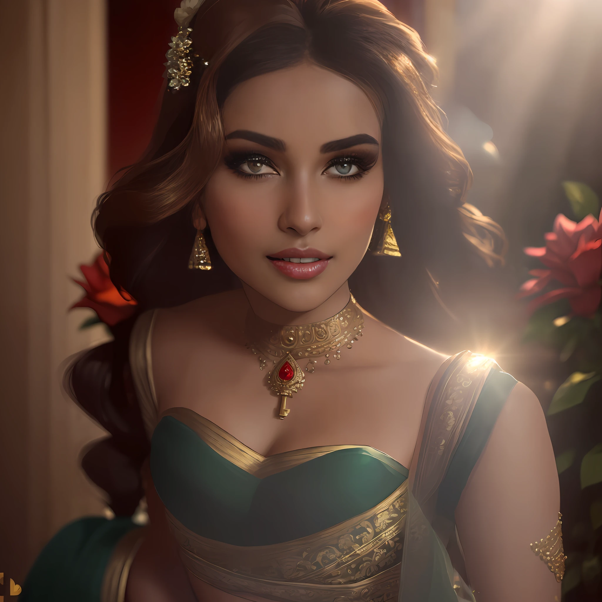(masterpiece full length photography of a solo:1.2) alluring sexy tall curvy (18 yr old) Indian supermodel princess bride Ayesha Takia walking in (garden:1.3), (wearing stunning bridal red & gold lehenga & blouse:1.3). sheer dupatta, maximalism, (wedding flower decorations:1.3), (elegant cleavage & belly), (indian makeup & jewelry:1.2) long braided brown hair with highlights,, vivacious, lustful glance, exhilarated (beautiful detailed eyes:1.1) , (flirty bright smile:1.2), (intense dramatic afternoon light:1.4), backlit, key light, rim light, light rays, highly detailed, trending on artstation, paint splashes, rich color, abstract portrait, by Atey Ghailan
