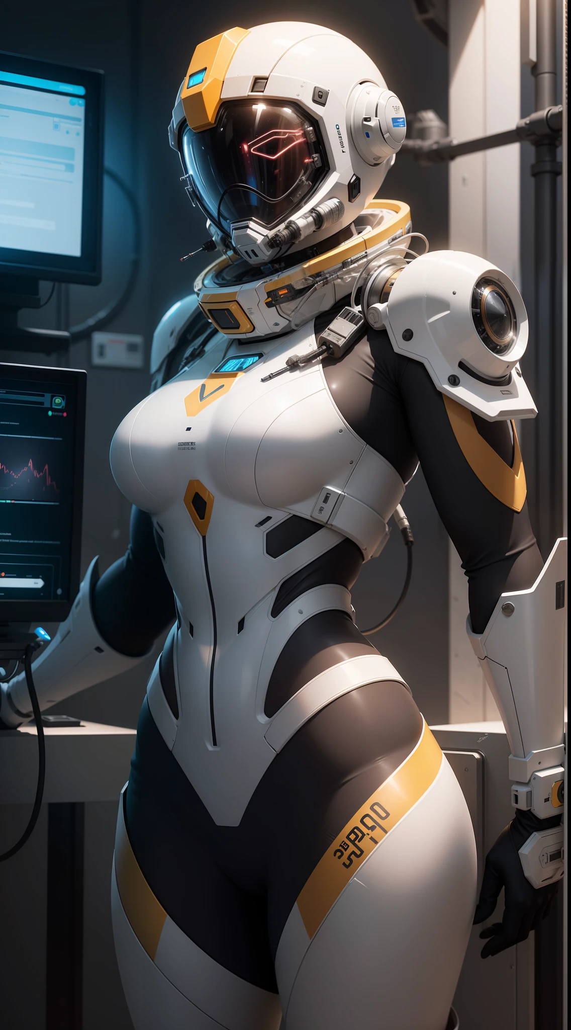 'super technological suit designed for Saturn : es una armadura resistente con materiales avanzados para soportar bajas temperaturas y altas presiones. Cuenta con escudos protectores contra tormentas y vientos, thrusters to move in the dense atmosphere, and a sophisticated life support system with oxygen supply and temperature regulation. It also includes an efficient energy source, Communication technology and specialized sensors for scientific research.'