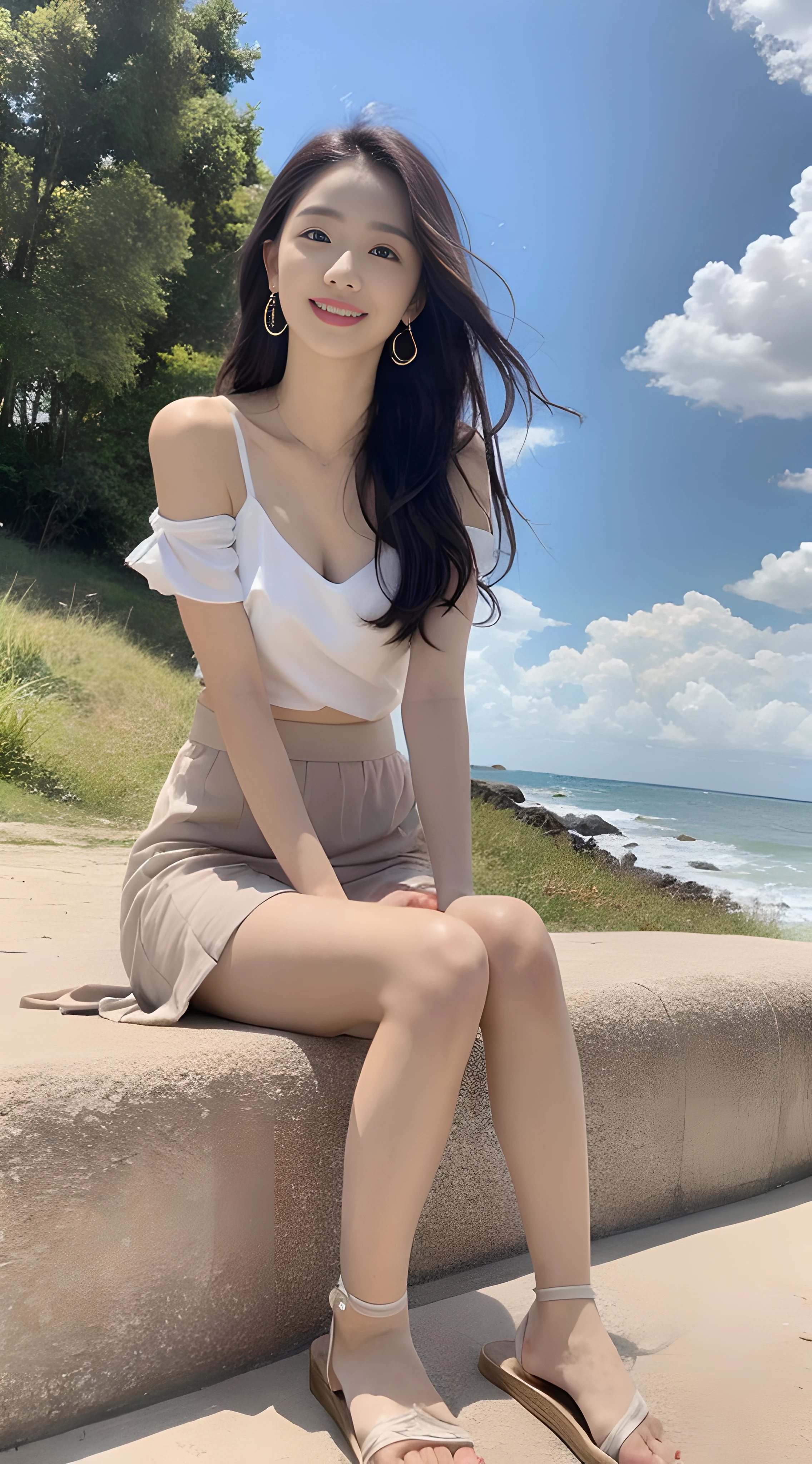 a young, Beautiful cute girl,Full body photo,Extremely beautiful and delicate,Black color hair,A sweet smile,Delicate and beautiful fair skin,Realistic and realistic,exquisite and complete facial features,Detailed depiction of the face,tall nose bridge,Smooth hair,extremely detail hair,Feminine temperament,Tall and tall,Thin,Realiy,White teeth,Tied up with hair,Hyper-realism,sandals,full body shot shot,Extreme picture quality,Highest precision,Precise and perfect human anatomy。with blue sky and white clouds,with blue sky and white clouds,rays of sunshine,Cows, sheeps, (Chiffon skirt)(telephoto shot,)Express the landscape,Highlight portrait。Sitting on the beach by the sea。Wearing earrings