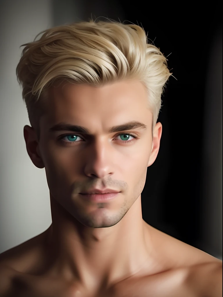 A photorealistic portrait of a insanely handsome lightly tanned Russian man with light make-up, extremely detailed light green eyes, sexy man, detailed symmetric realistic face, full lips, extremely detailed natural texture, peach fuzz, short messy blonde windy hair, masterpiece, absurdres, award winning photo by Francesco Scavullo, nikon d850 film stock photograph, kodak portra 400 camera f1.6 lens, extremely detailed, amazing, fine detail, rich colors, hyper realistic lifelike texture, dramatic lighting, unrealengine, trending on artstation, cinestill 800 tungsten, looking at the viewer, photo realistic, RAW photo, TanvirTamim, high quality, highres, sharp focus, extremely detailed, cinematic lighting, 8k uhd