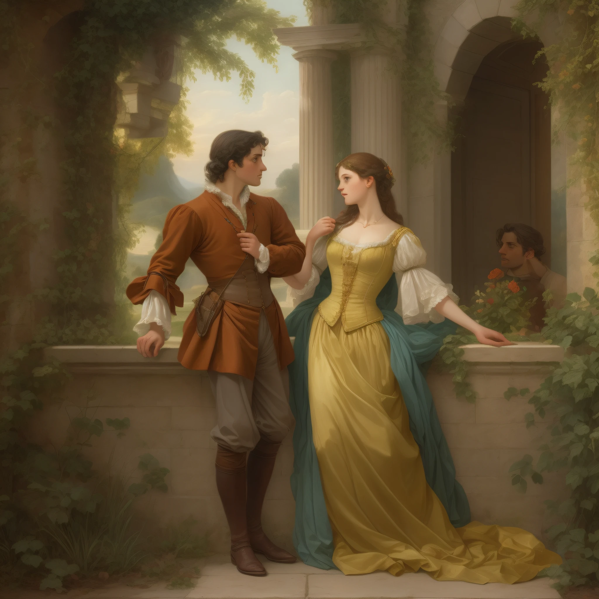 À la Fed images of men and women in a scene, Grégoire and Manon, Romeo and Juliet, by Giorgio De Vincenzi, inspired by Pierre Auguste Cot, Laszlo Barrow, by Juan O'Gorman, in a high renaissance style, poster shot, Inspired by Frederick Lord Layton, cover shot, promo image