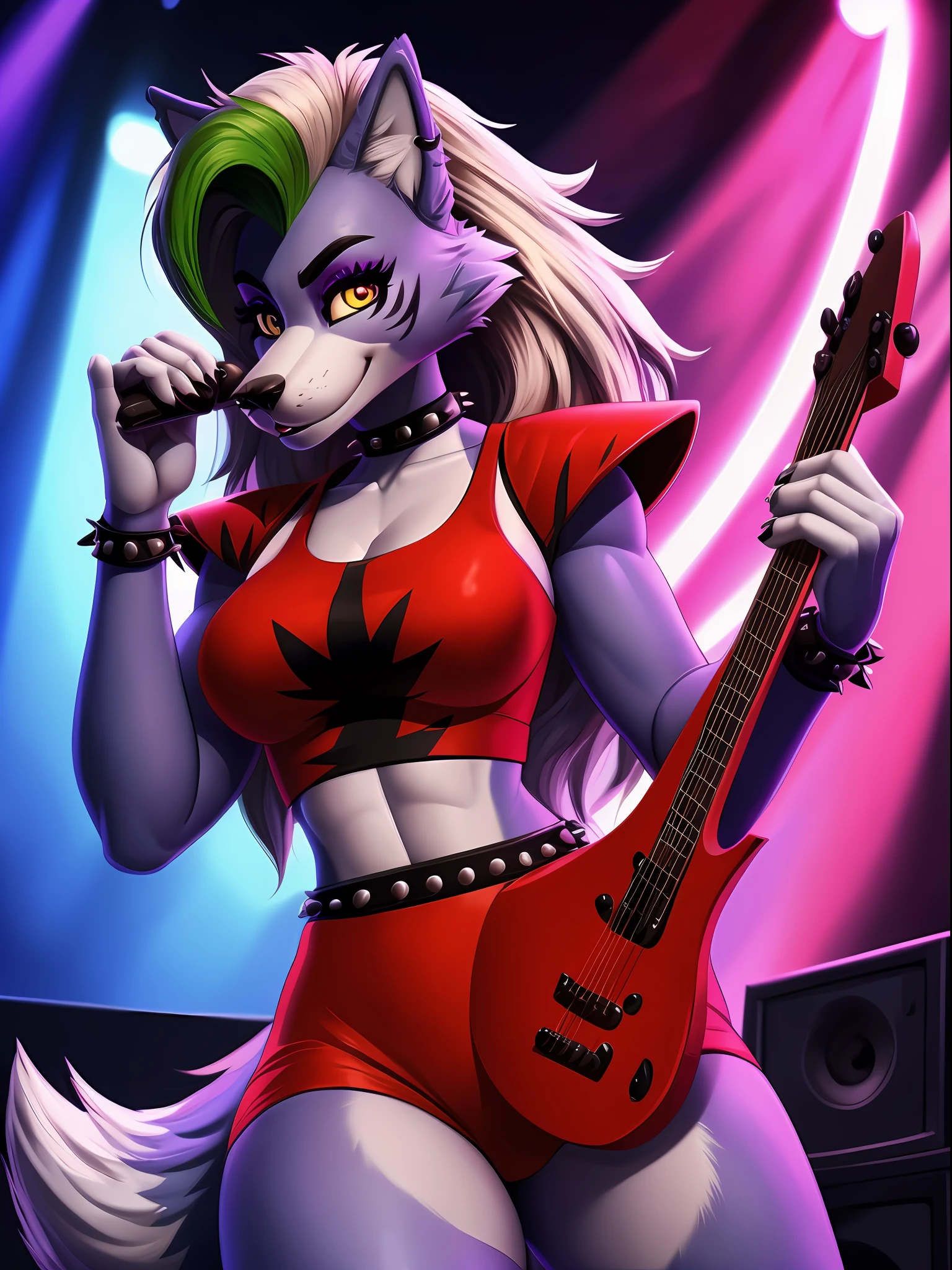 nsfw, Full body portrait, Von iskra, von wolfy-nail, von Personalami, Fnafroxanne, FNAF, Roxanne Wolf, animatronic, weiblich, (detailliert), Ansicht des Betrachters, solo, 1 Girls, high - res, fotorealistisch, gelbe augen, eingebildet schauend, ((klare strukturelle Details)), detaillierter Realismus, schlank, hart, 4k, excellent quality, hohe Details, (seductive), cenematic lighting, konzert, holds green guitar, scheinwerfer