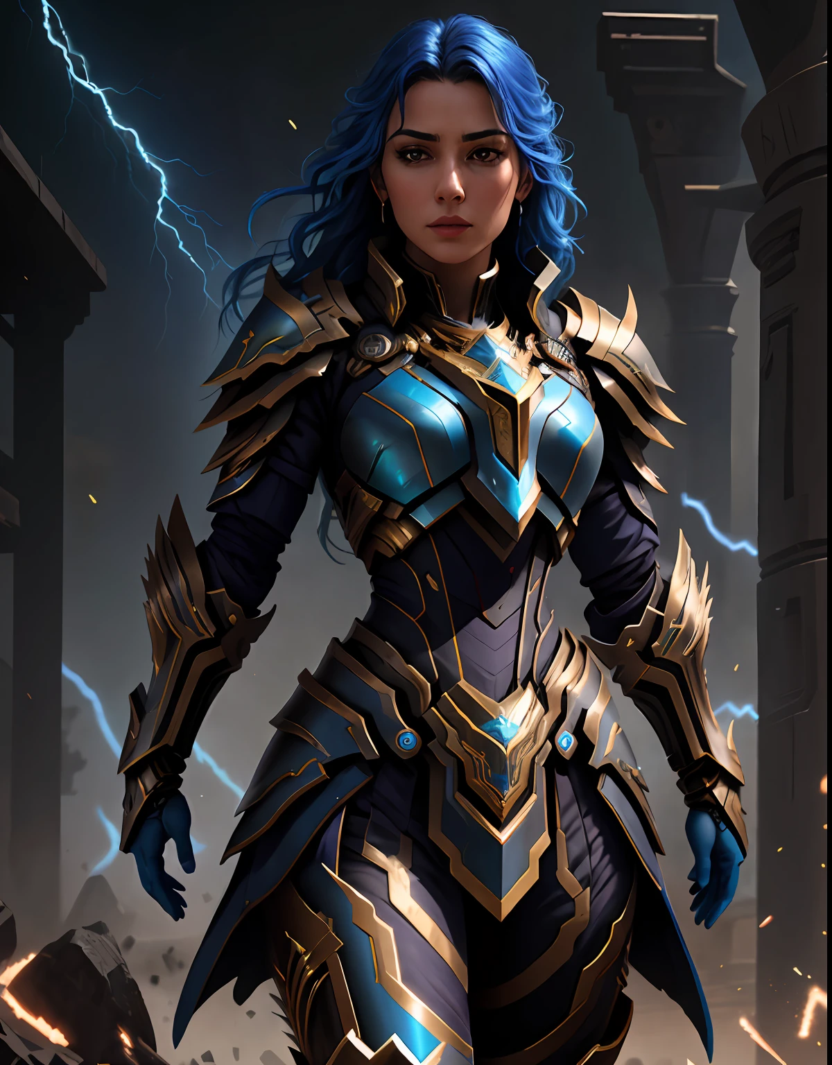 4K, Masterpiece, highres, absurdres,
edgThunderstruck, a woman with a blue and gold armor ,wearing edgThunderstruck_armor, electrified, weilding thunder