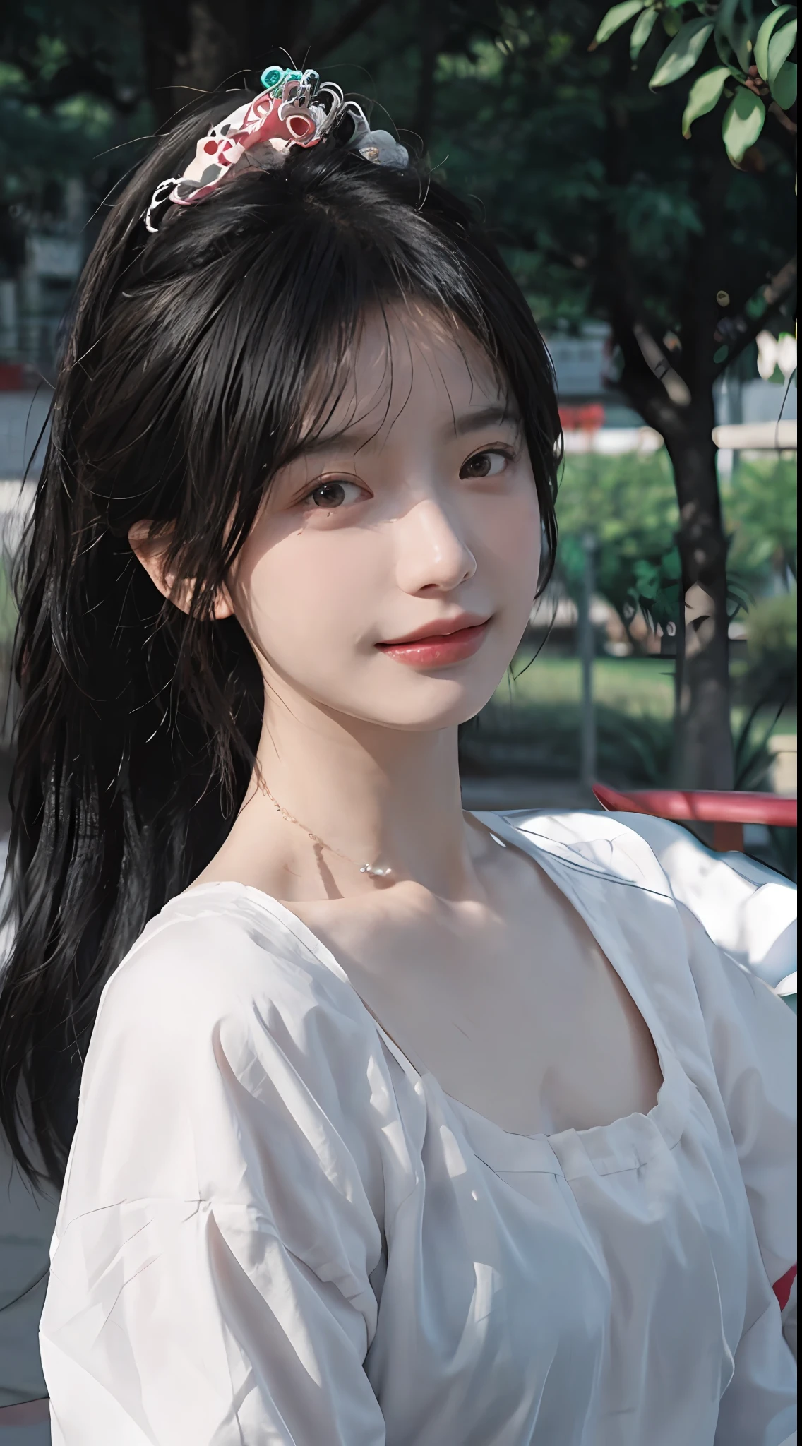 best qualtiy, 超高分辨率, (realisticlying:1.4), Issuing,Baoyu Girl, High ponytail,A pair of clear and moving peach blossom eyes,Royal Sister,校服,sunshine on face,Scroll,(School playground:1.4),(choker necklace:1.2),(Fair skin:1.9),(full bodyesbian:1.2)a sense of atmosphere,a beauty girl, ssmile,head straight-looking at viewer, closeup cleavage ,(Photorealistic:1.4),1girll,Sexy,(Upper body:1.4),(Wet body),(:1.2)