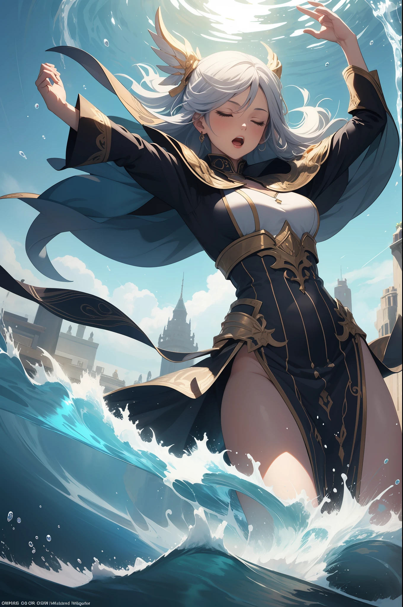 (from below), beautiful woman, water summoner, intricate robe armor, water elements flying around her body, arms up, eyes closed, open mouth, water control, water bender, flying above the sea, brilliant colors, excellent lighting, eye-catching composition, realism