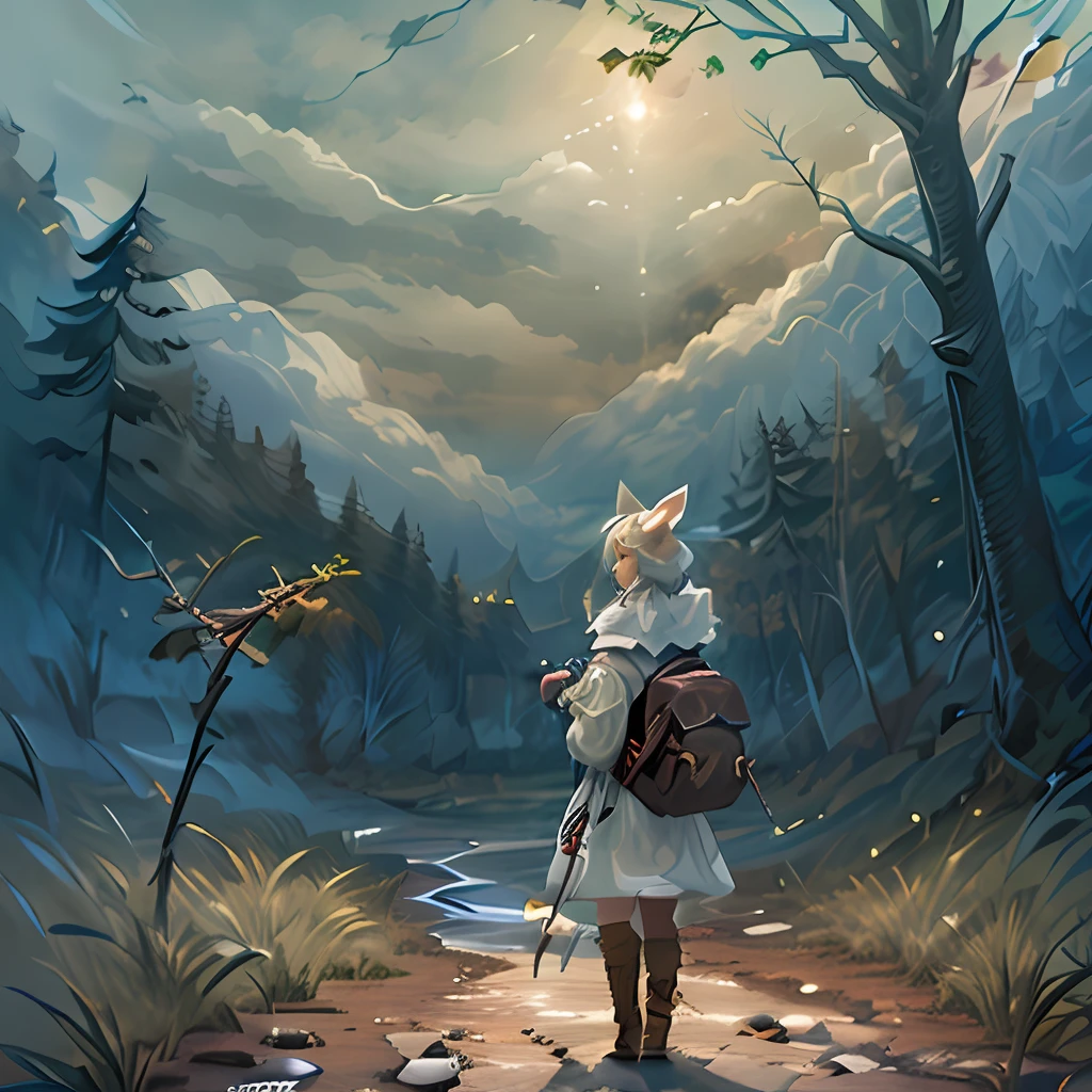 Classic negative portrait photo, fantasy video game character concept art, a cute white fluffy rabbit with a small brown leather backpack looking at a map hiking through the forest, dungeons and dragons, fantasy, river, haze, halo, Bloom, dramatic atmosphere, dark fantasy film of the 1970s, centered, rule of thirds