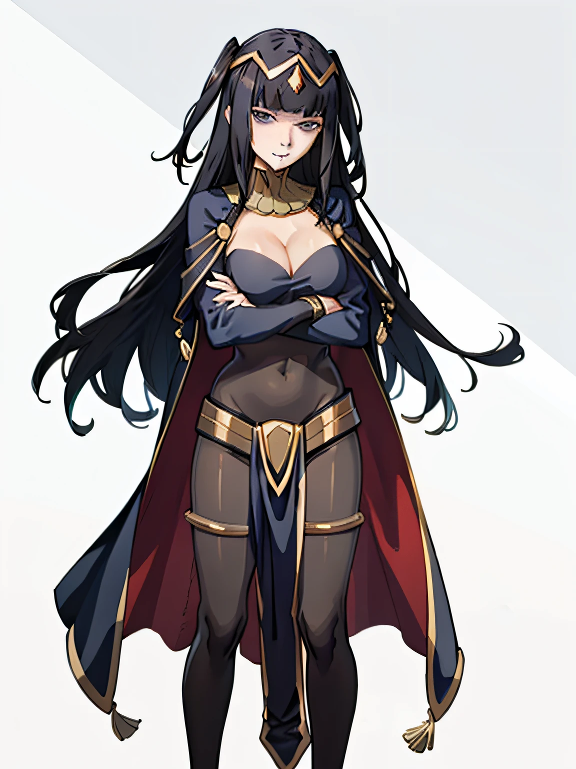 ((masterpiece)), (((best quality))), 1girl, anime, illustration, beautiful girl, 1girl, tharja, tiara, full bodysuit, cape, loincloth, black leggings, perfect face, looking amused, arms crossed holding book, standing in a white background