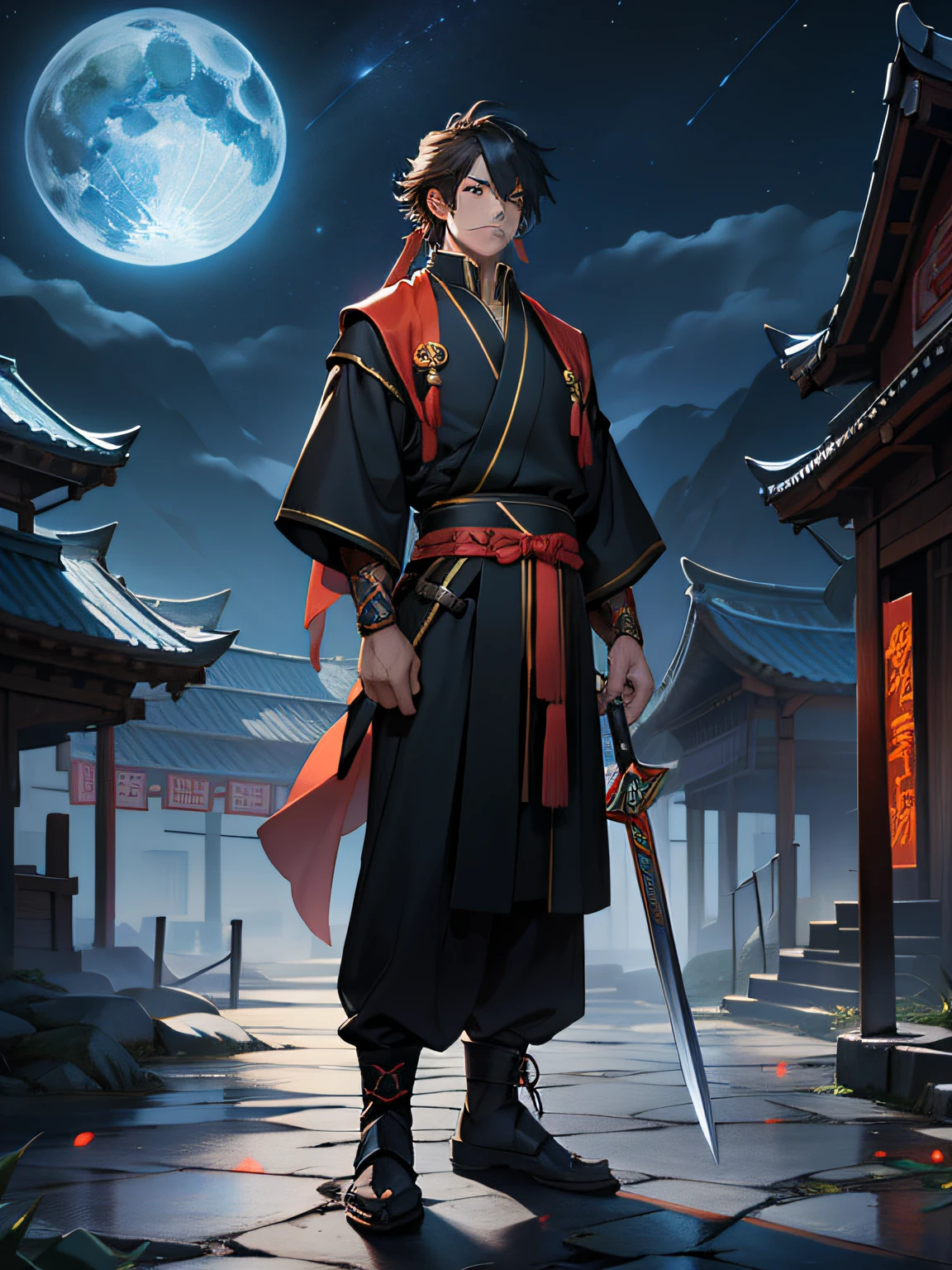 of a guy，Taoist costumes，Weapon in hand，Night scene，standing on your feet，