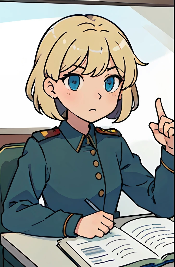 (best qualtiy:0.8),(best qualtiy:0.8),Perfect anime illustration,Short bright blonde hair,1girll,blue color eyes,((Full set of dark green Soviet military uniforms)),Playful,(Point your finger at the audience),Poor milk,a flat chest,Petite,The upper part of the body,1girll,A table full of documents
