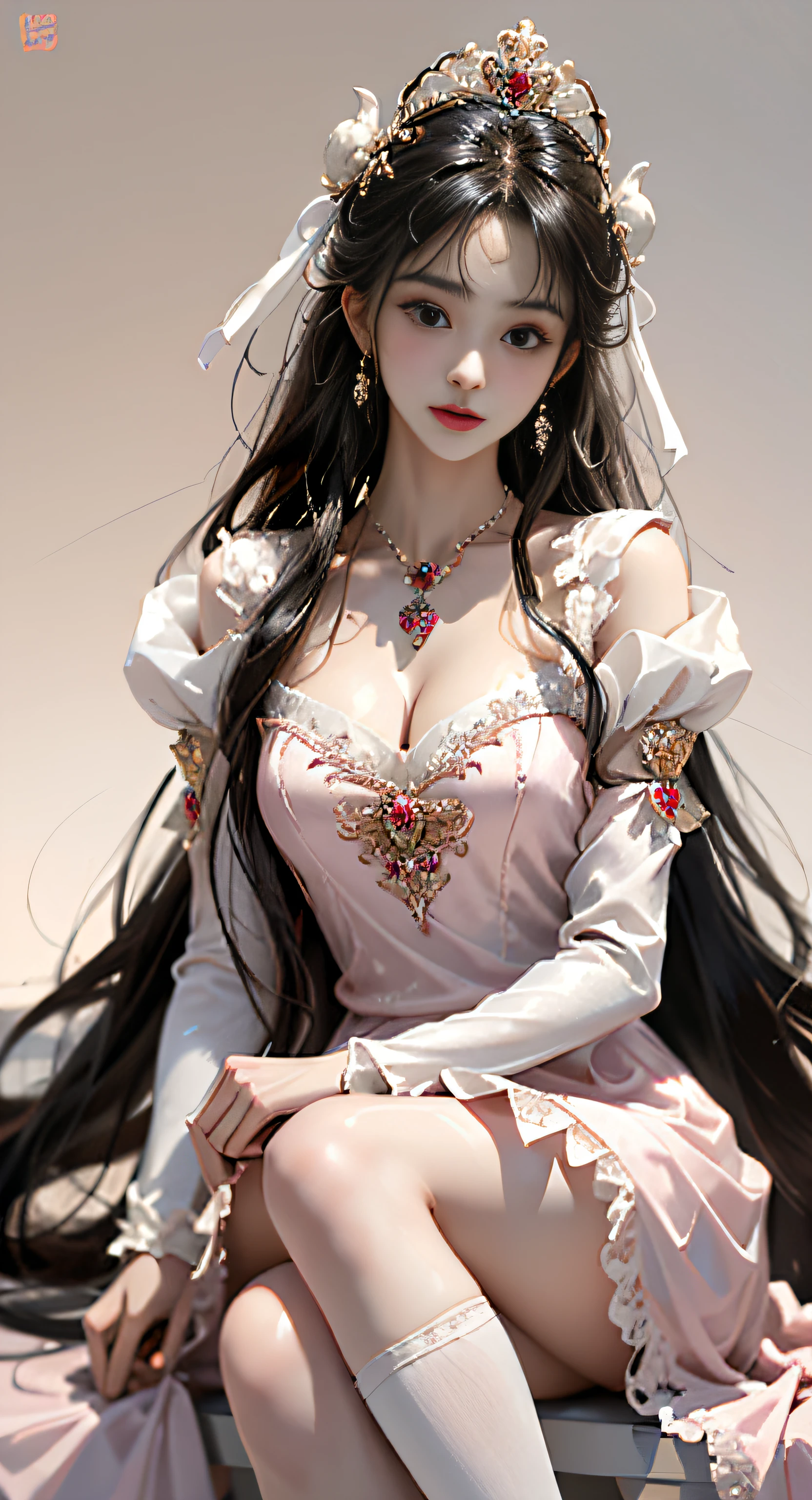 ung empress wearing a red lace top, a deep-breasted nightgown, a Chinese-style dress, an ancient costume with many phoenix patterns, a spotless pinkish-white face, a crown on her head, and hip-length black hair , very beautiful and sharp brown eyes, small red lips, painted lips, charming smile, jewelry worn around the neck, earrings, white and even teeth, high nose, big round breasts, the girl's body is covered with water on chest, slim legs, thin mesh black socks, portrait, most realistic, highest quality, best pixels, 8k ultra ,