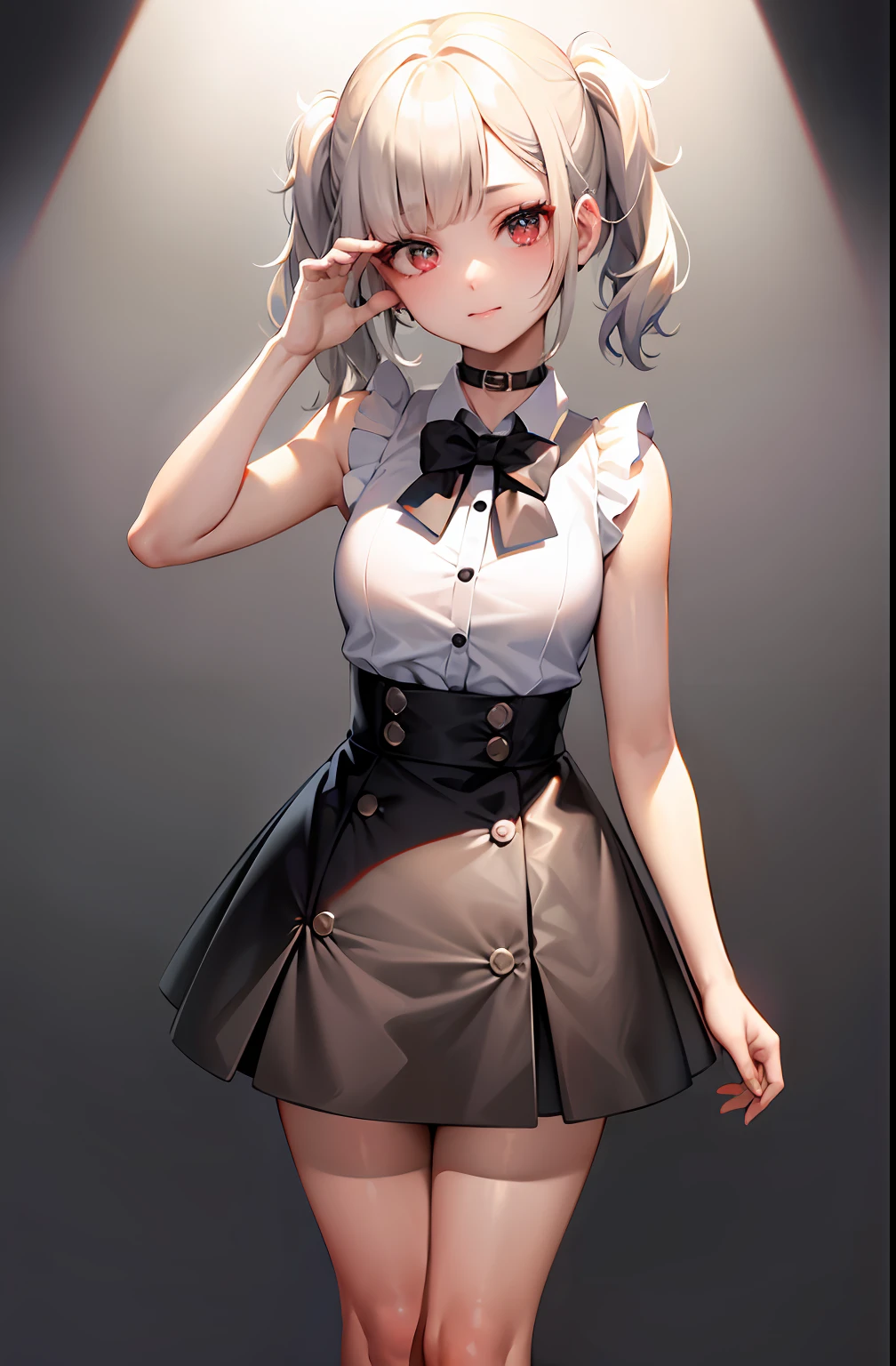 best quality, ultra high res, 1girl, sleeveless white button shirt, black skirt, black choker, cute, (Kpop idol), (aegyo sal:1), (platinum blonde hair:1), ((puffy eyes)), looking at viewer, full body, facing front