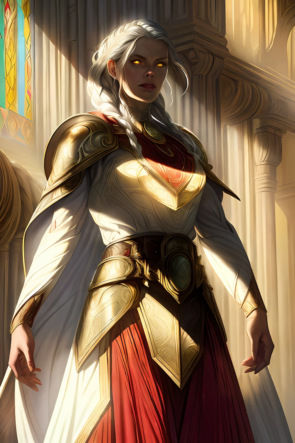magv1ll, cowboy shot of paladin lady, ornate armor, ornate pauldrons, belt, glowing yellow eyes, white hair, braid, red cape, temple indoors, stained glass, particles