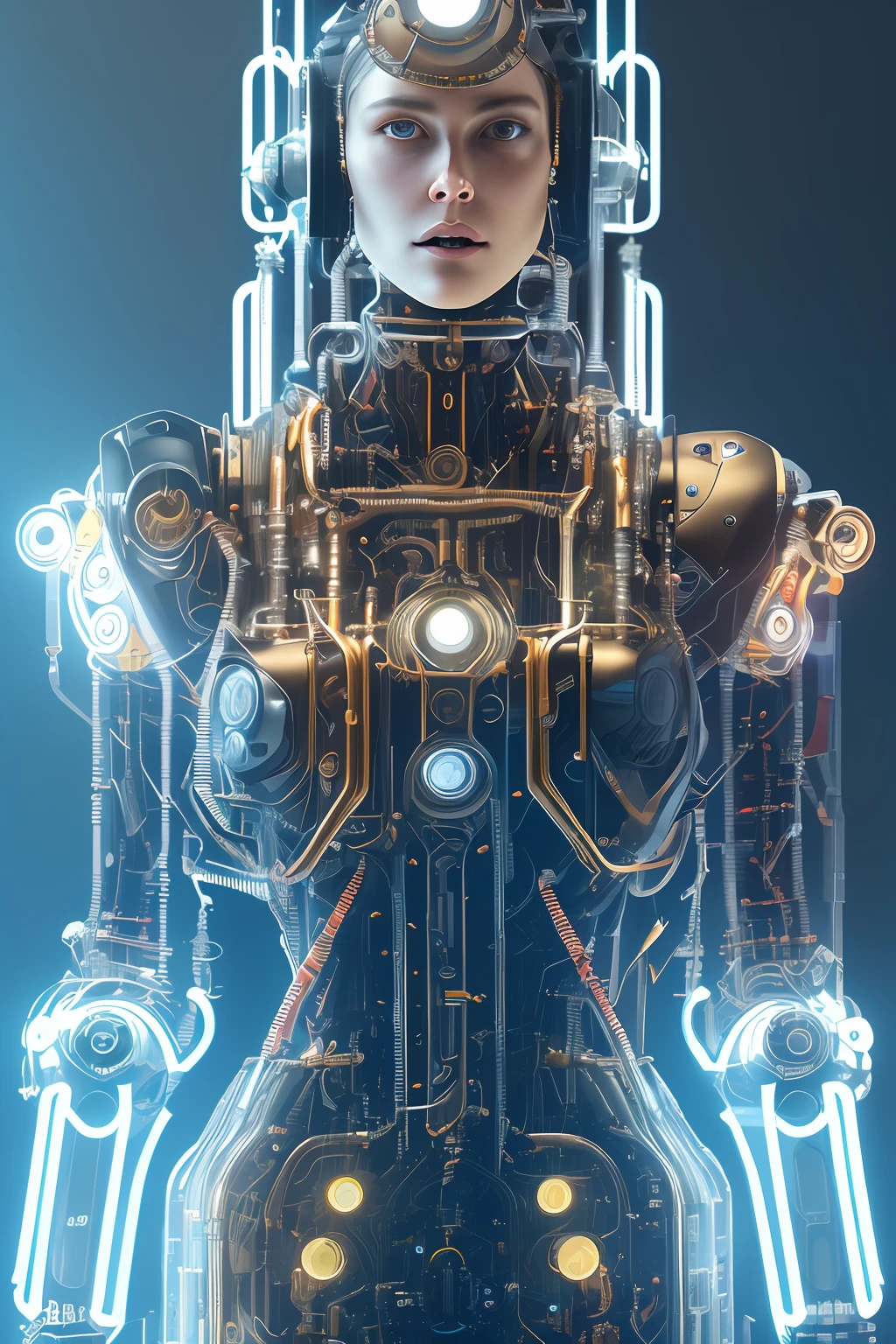 full body cyborg| full-length portrait| detailed face| symmetric| steampunk| cyberpunk| cyborg| intricate detailed| to scale| hyperrealistic| cinematic lighting| digital art| concept art| mdjrny-v4 style