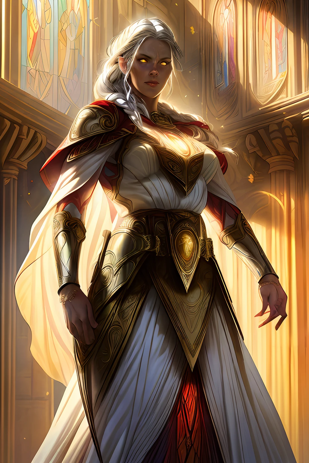 magv1ll, cowboy shot of paladin lady, ornate armor, ornate pauldrons, belt, glowing yellow eyes, white hair, braid, red cape, temple indoors, stained glass, particles