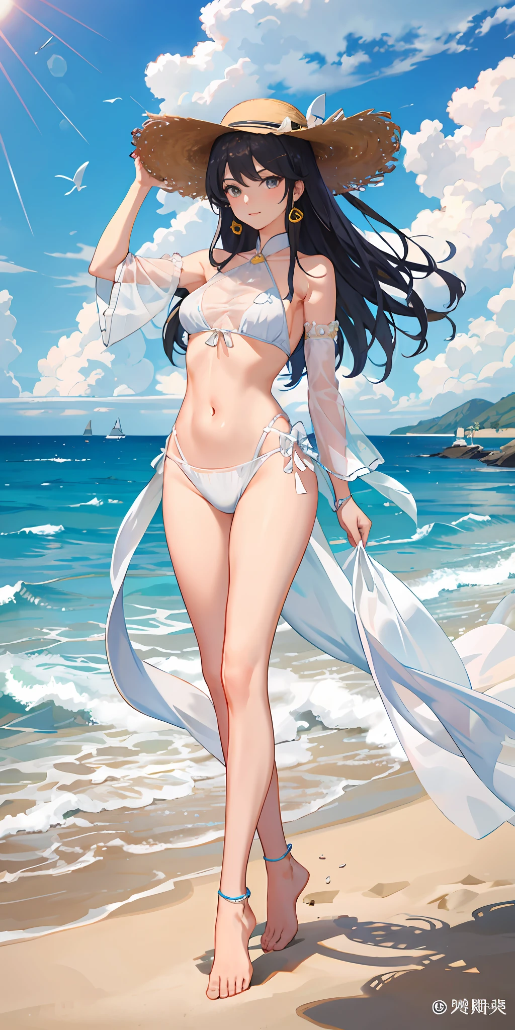 A girl，???，Open navel，three-point style，???? for，gray-haired girl，full body close-up shot，（（???）），folds，folds，folds，see-through sleeves，cropped shoulders，cropped shoulders，beach chair，fully body photo，（（There are a lot of people on the beach）），the detail，Straw Hat Hat，ellegance，the detail，ellegance，spray，There are hands and feet，immensity，Full body photo，Hazy，Skysky，the detail，ellegance，There are hands and feet，immensity，baiyun，Hazy，the detail，Kizi，Skysky，the detail，ellegance，There are hands and feet，baiyun，Hazy，the detail，The face is clear