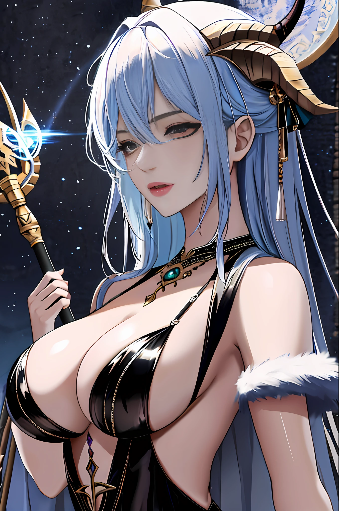 Full body like,fully body pose,Complicated details,(Latex skin:1.1)Big breasts and big breasts(Perfect shiny skin:1.2)Big breasts and big breasts(Moist skin:1.1),(very vey very detailed face),(tmasterpiece,realisticlying:1.3),(extremly intricate:1. 2)>,intricately details,(Sculptural skin texture:1.1)Big breasts and big breasts(shiny skins:1.2)Big breasts and big breasts(Slightly damp skin:1.1),A woman with a staff, horned ram goddess, gothic maiden shaman, shaman witch, she is dressed in shaman clothes, holding a goat head staff, a young female shaman, attractive tiefling druid, pagan goddess, a female druid, druid goddess, female revenant, alluring tiefling druid, The skull of her hips,The whole scene exudes a mysterious and eerie atmosphere。
