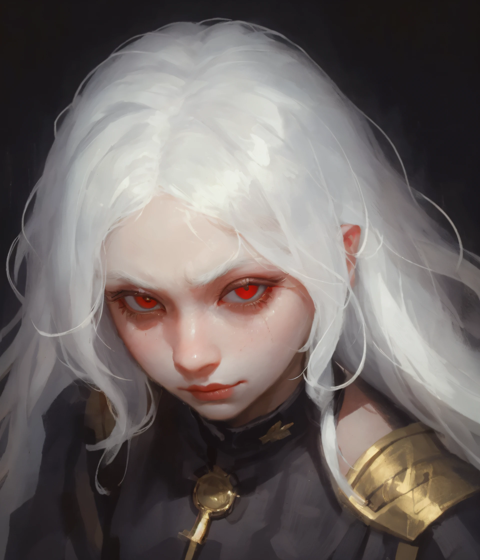 white hair, high quality UHD, red eyes, (close up:1.0), (pov:1.2), from above, smirk