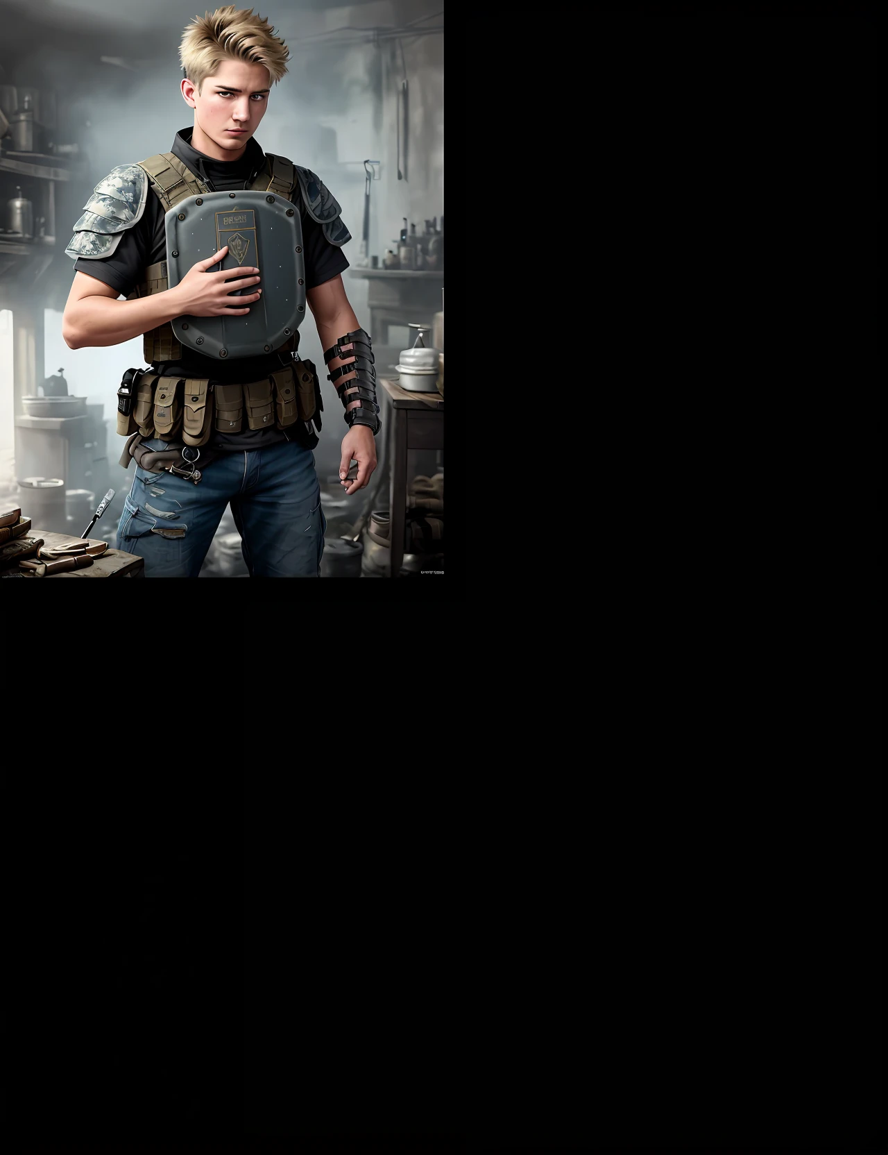 Create an illustration of a US Soldier detaining an insurgent in a tense situation. The US Soldier should be shown with a serious expression, holding their weapon with a firm grip, pointed at the insurgent. The insurgent should be depicted in a submissive posture, displaying fear or surrender. The background could include a war-torn setting or a rugged terrain to add context to the scene.