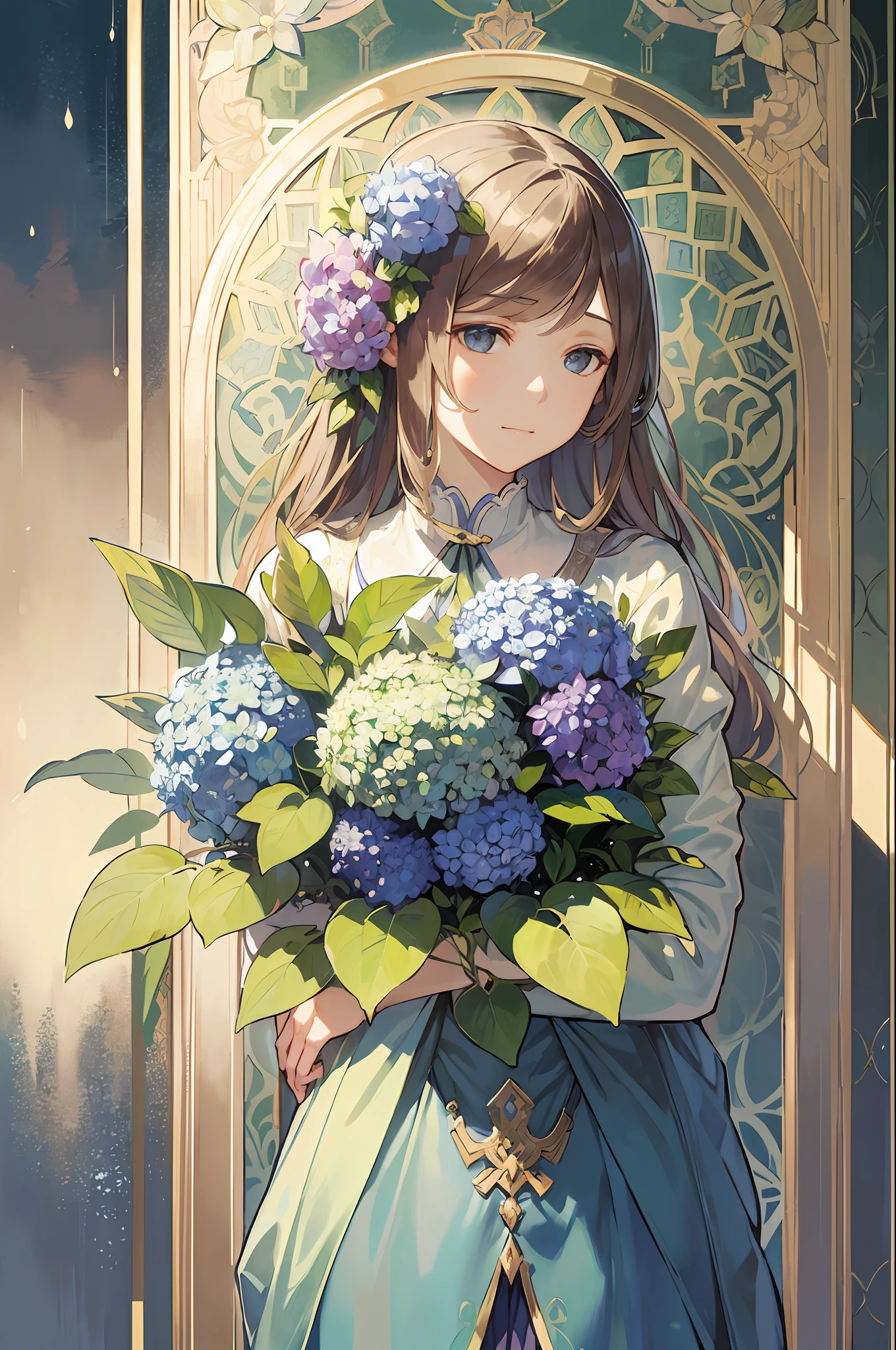 Anthropomorphic hydrangea、Rainy Season Frame、Decorative panel、abstract  art、By Alphonse Mucha (​masterpiece、top-quality、hight resolution: 1.4)、More about realism、intricate-detail、4K、color splashes、line-drawing、Fibonacci、