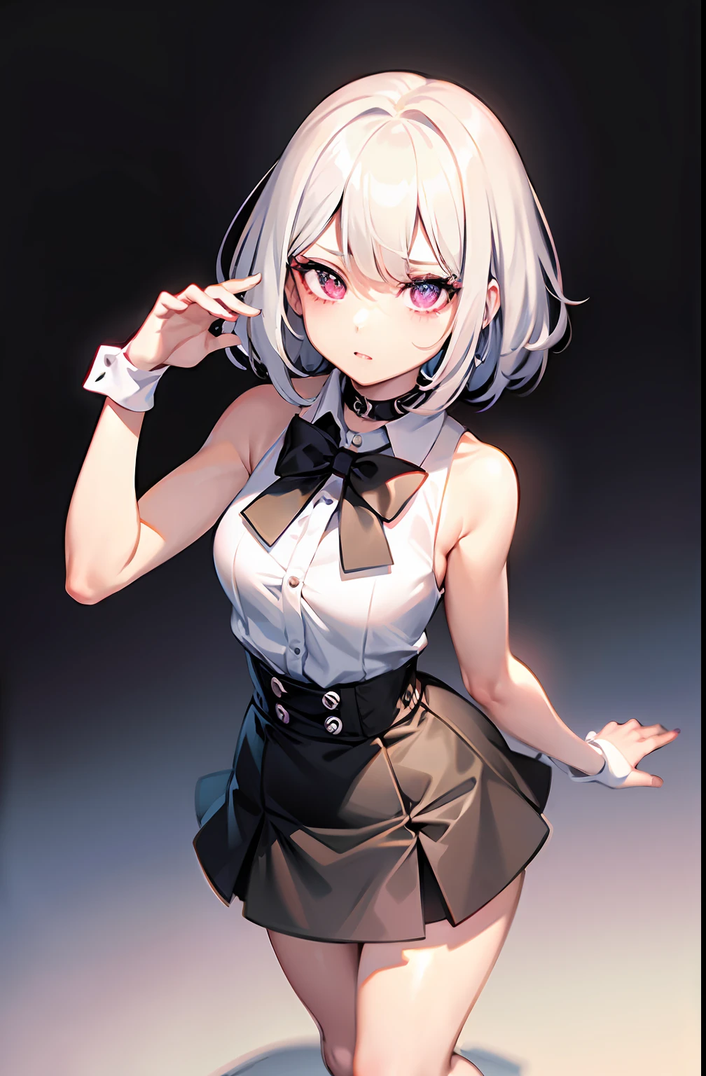 best quality, ultra high res, 1girl, sleeveless white button shirt, black skirt, black choker, cute, (Kpop idol), (aegyo sal:1), (platinum blonde hair:1), ((puffy eyes)), looking at viewer, full body, facing front