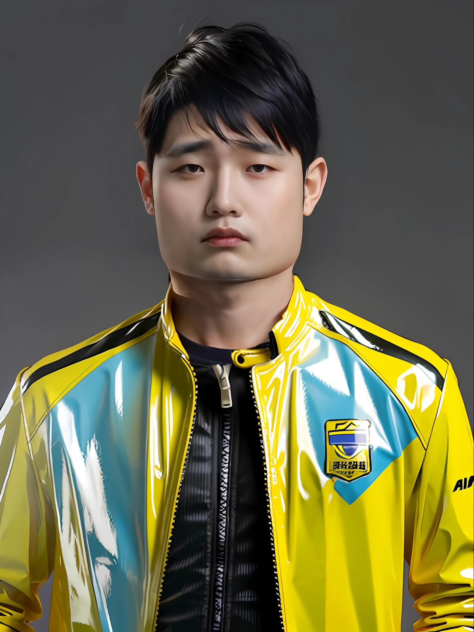 A Chinese male high school student,Wearing a yellow PVC racing suit,Strong body