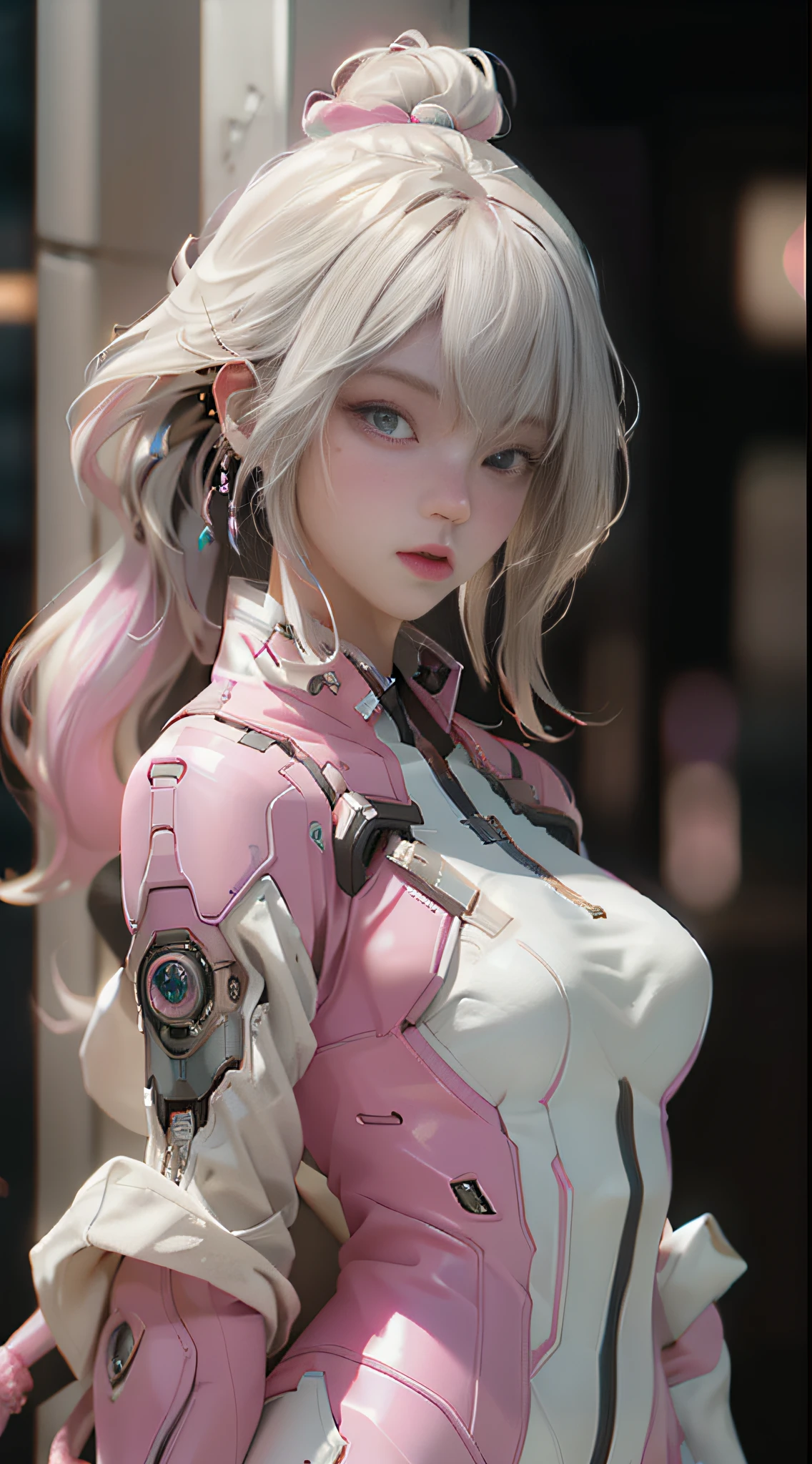 (best qualtiy)), ((tmasterpiece)), (the detail:1.4), 3D, A beautiful cyberpunk female image,HDR(HighDynamicRange),Ray traching,Pink suit、PBR Texture、post-proces、Anisotropy Filtering、depth of fields、maximum definition and sharpness、Many-Layer Textures、Albedo e mapas Speculares、Surface Coloring、Accurate simulation of light-material interactions、perfectly proportions、Octane Render、Two-colored light、largeaperture、Low ISO、White balance、the rule of thirds、8K RAW、