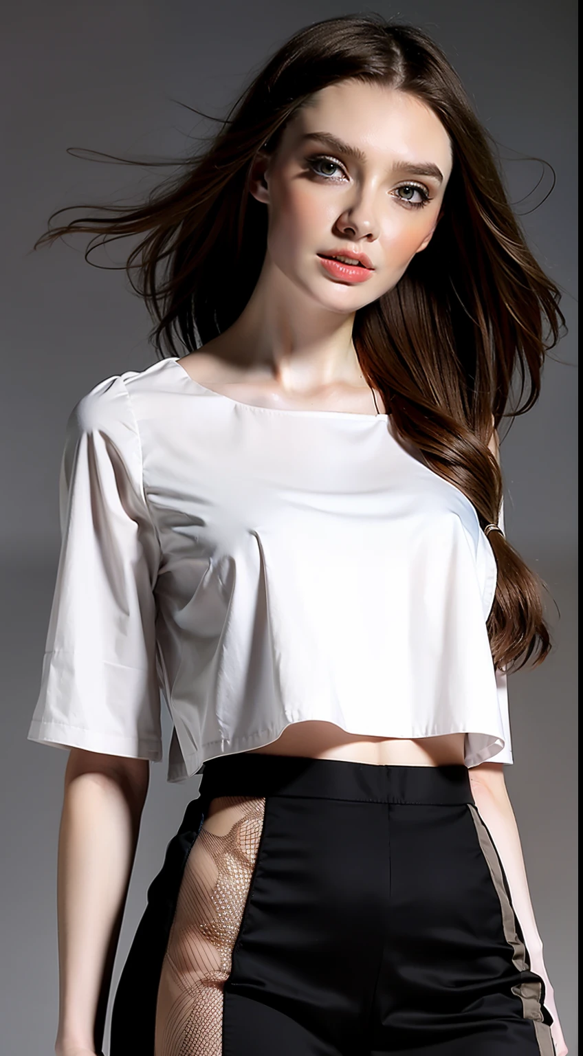 (Hyper Real), (illustratio), (A high resolution), (8K), (The is very detailed), (Most Best Illustration), (美丽细致的眼睛), (best qualtiy), (ultra - detailed), (tmasterpiece), (the wallpaper), (详细的脸),Crop topping,long whitr hair, huge tit,The background is indoors, (camel-toe)