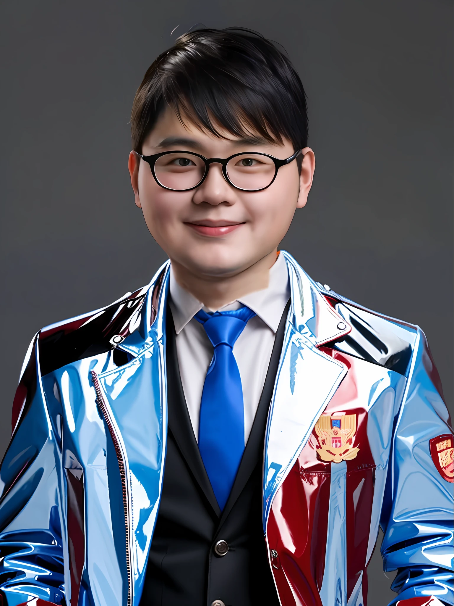 A Chinese male high school student，Wearing a red PVC blazer，Black shirt blue tie，Strong body