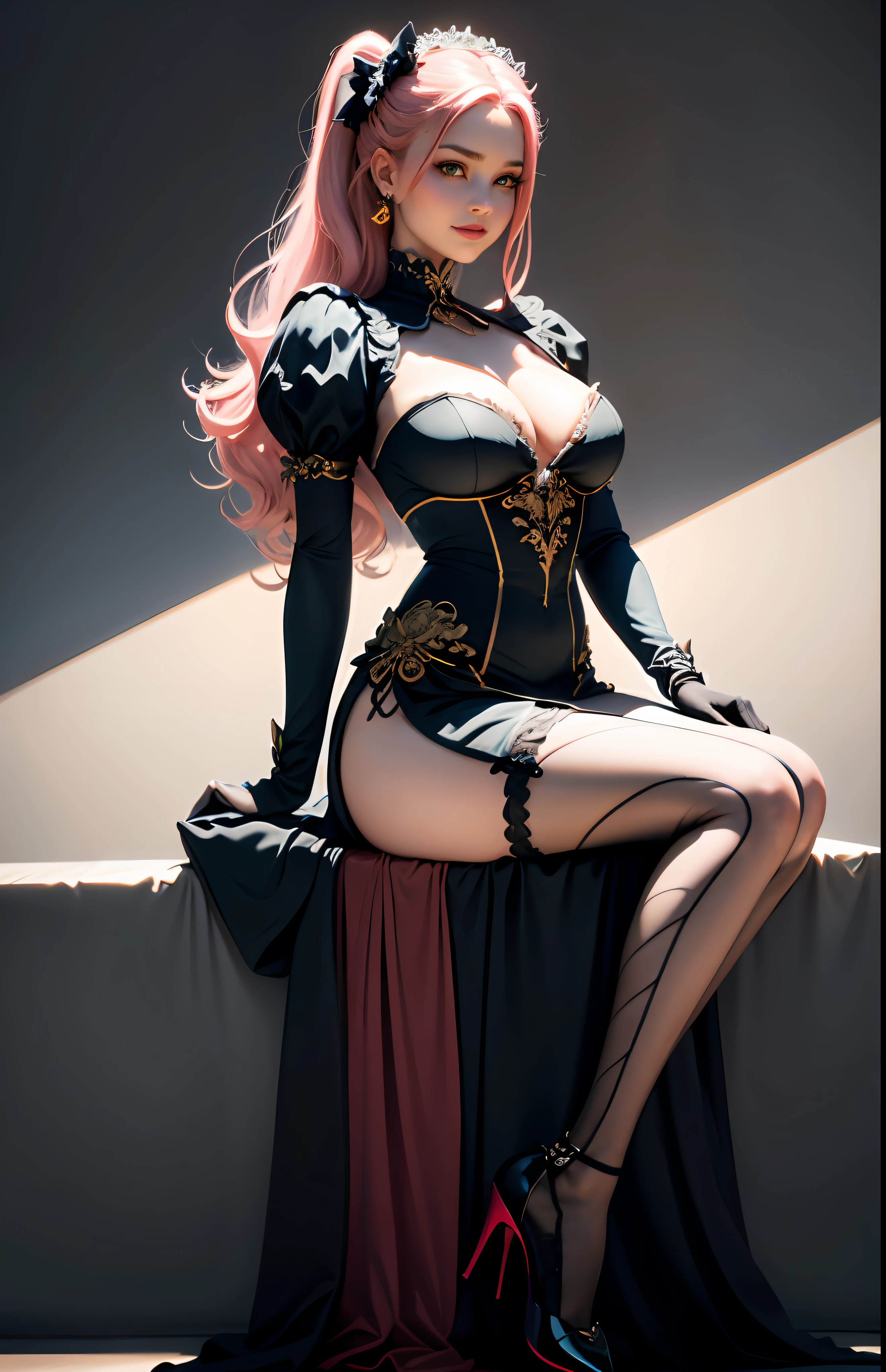 （In pink/amarelo/green color/blue colors/red colour/White ta costume），（Estampados florales），（Pink big breasts/amarelo/green color/blue colors/red colour/white colors/black long dress），Must be a full-body image, There must be only one person in the whole picture, All high heels must be displayed in their entirety, The entire leg must be displayed in its entirety, Extra-long gloves must be worn, Extra long socks must be worn, High heels must be worn, It is forbidden to appear men, hearts in eyes, Seductive smile, Crystal earrings, forehead jewel, loliirband, Hairline, Ray tracing, From below, Chiaroscuro, Cinematic lighting, High detail, tachi-e, hyper HD, Masterpiece, ccurate, Anatomically correct, Super detail, Textured skin, High details, High quality, Best quality, A high resolution, 16k