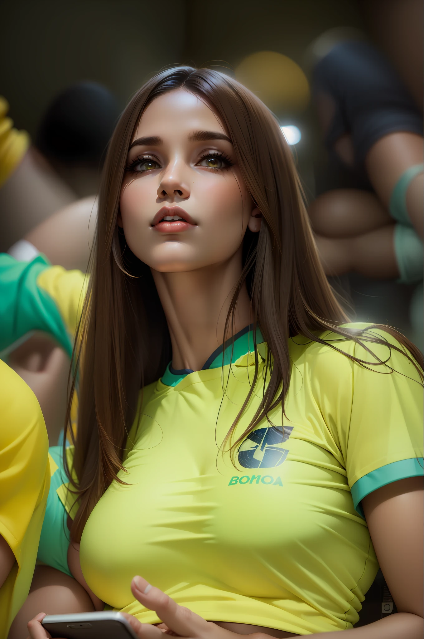 Mulher bonita, rosto perfeito,com camisa do Brasil perfeita, with a cell phone in hand, beautiful perfect hand, medium large breasts, Perfect and beautiful lips, cabelo perfeito, cabelo marron e preto, olhos perfeito, sombrancelha perfeita,16K