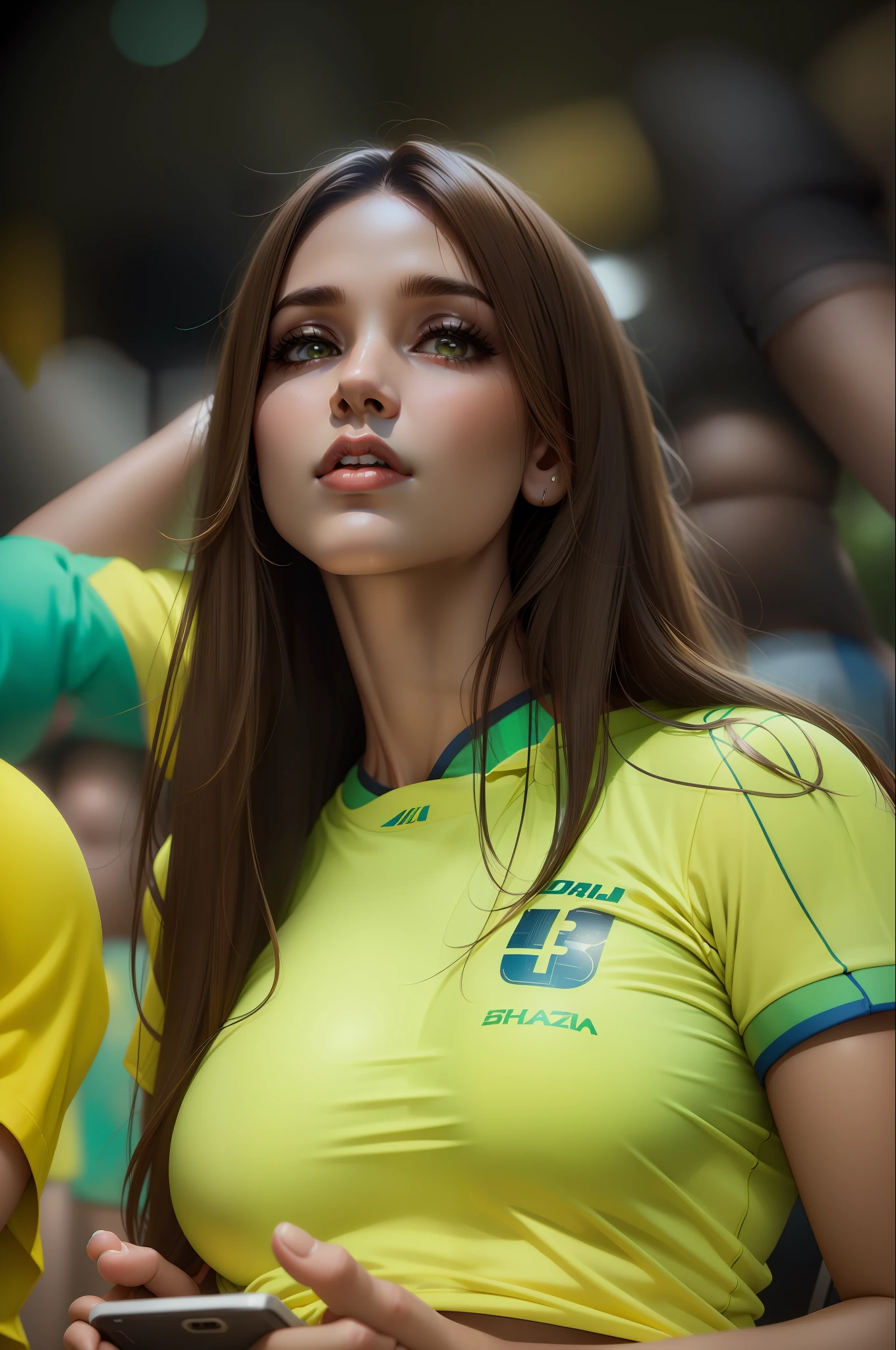 Mulher bonita, rosto perfeito,com camisa do Brasil perfeita, with a cell phone in hand, beautiful perfect hand, medium large breasts, Perfect and beautiful lips, cabelo perfeito, cabelo marron e preto, olhos perfeito, sombrancelha perfeita,16K