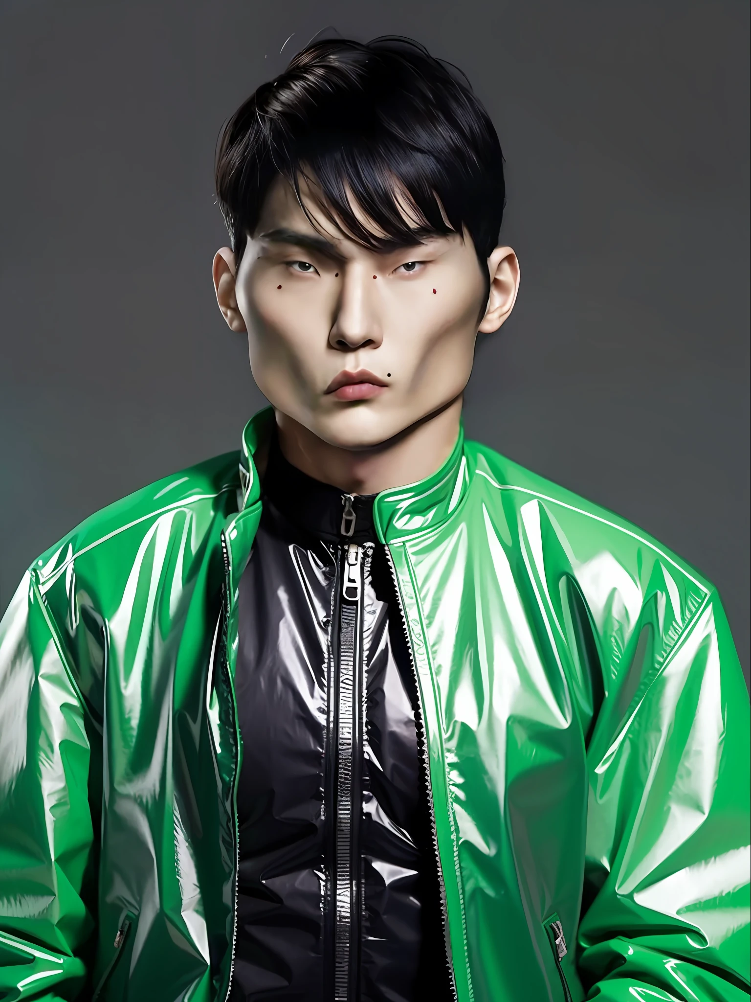 A Chinese male high school student,Wear a green PVC jacket,Strong body
