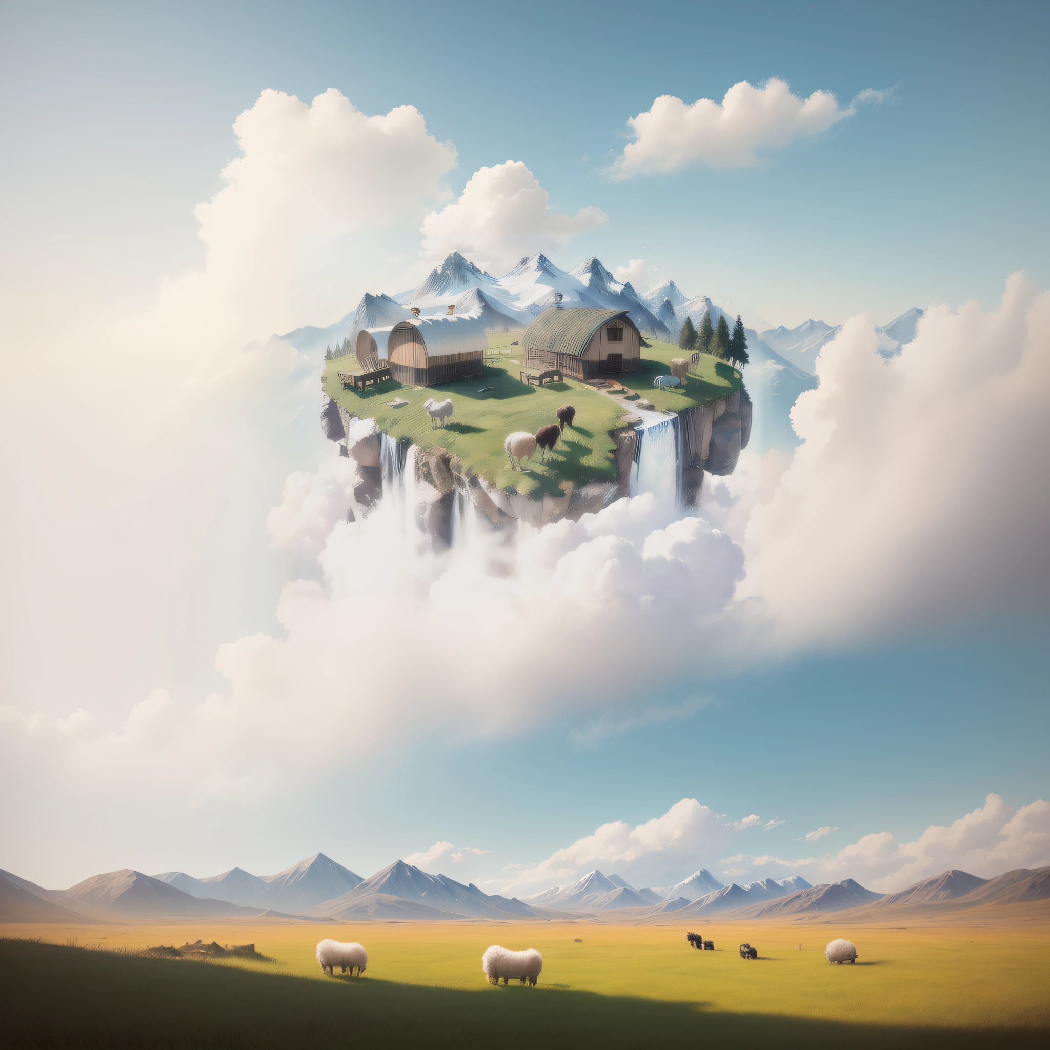Grassland, sunshine, distant mountains, a group of cute little sheep eating grass, dense Yurt, masterpiece photos, wide-angle lens,colorful