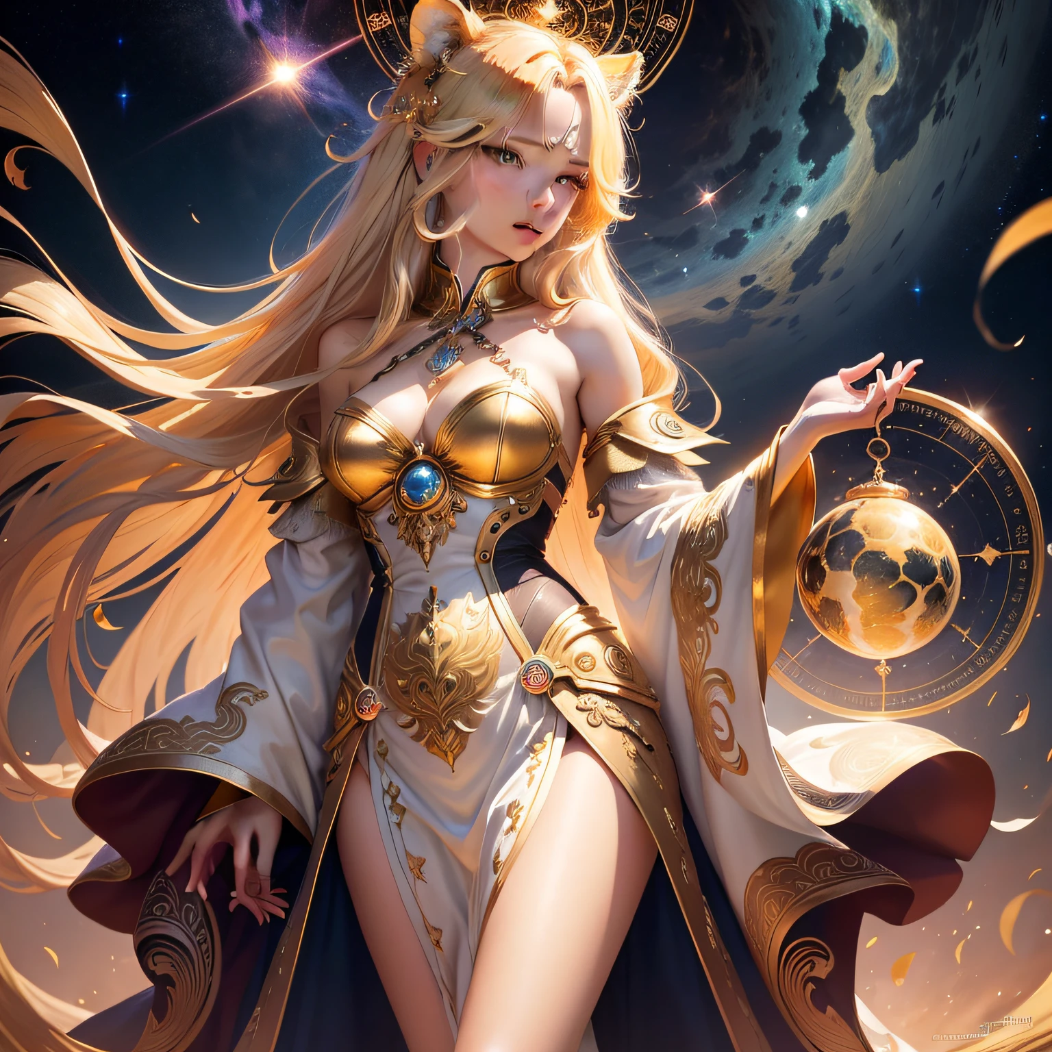 realisticlying，（tmasterpiece，top Quority，best qualtiy，offcial art，Beauty and aesthetics：1.2），The is very detailed，s fractal art，extremely colorful，Most detailed，Leo，（abstract backgrounds：1.5）（1girl：1.3），（Leopards） ,Yellow-haired,Eyes,earnestly,Comb back,long whitr hair,,galactic,Giant magic golden Leo astrolabe,dream magical,dream magical,Iridescent chrome trim,beautiful detailed sky,The style and decoration of the golden Leo goddess,(nsfw:0.8)Delicate reflective high glass guardrail panel