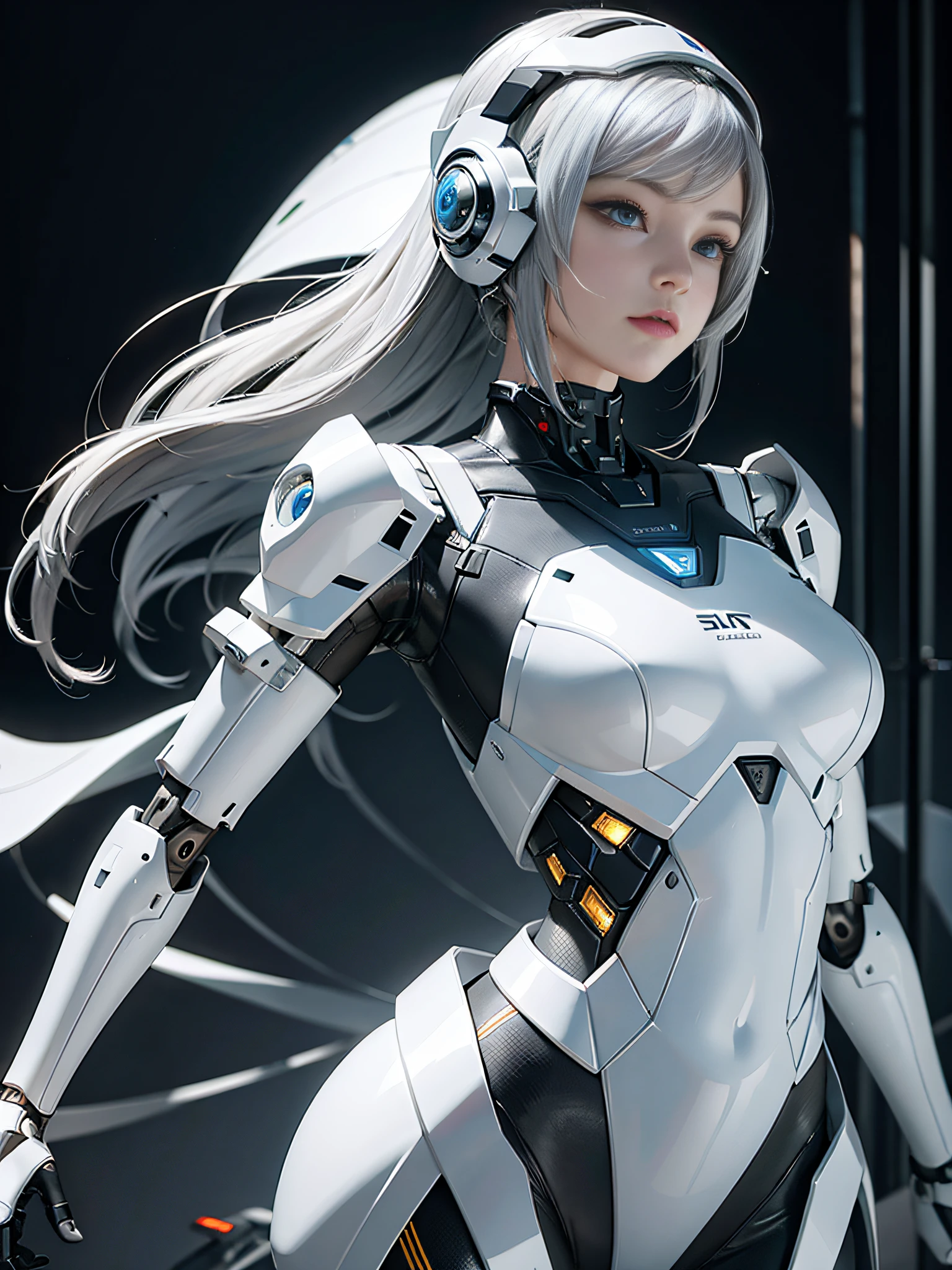 Silver-white mech，Robotic arm，Mechanical helmets，Delicate-faced girl